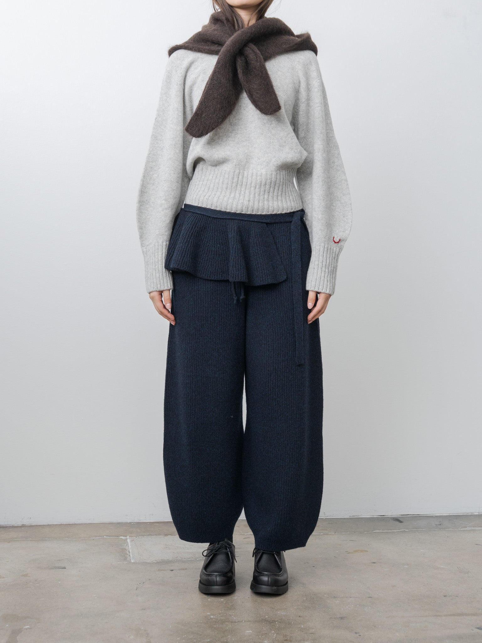 Namu Shop - Unfil Woolen Cotton & Fine Lambswool Ribbed Wide Pants - Black Navy