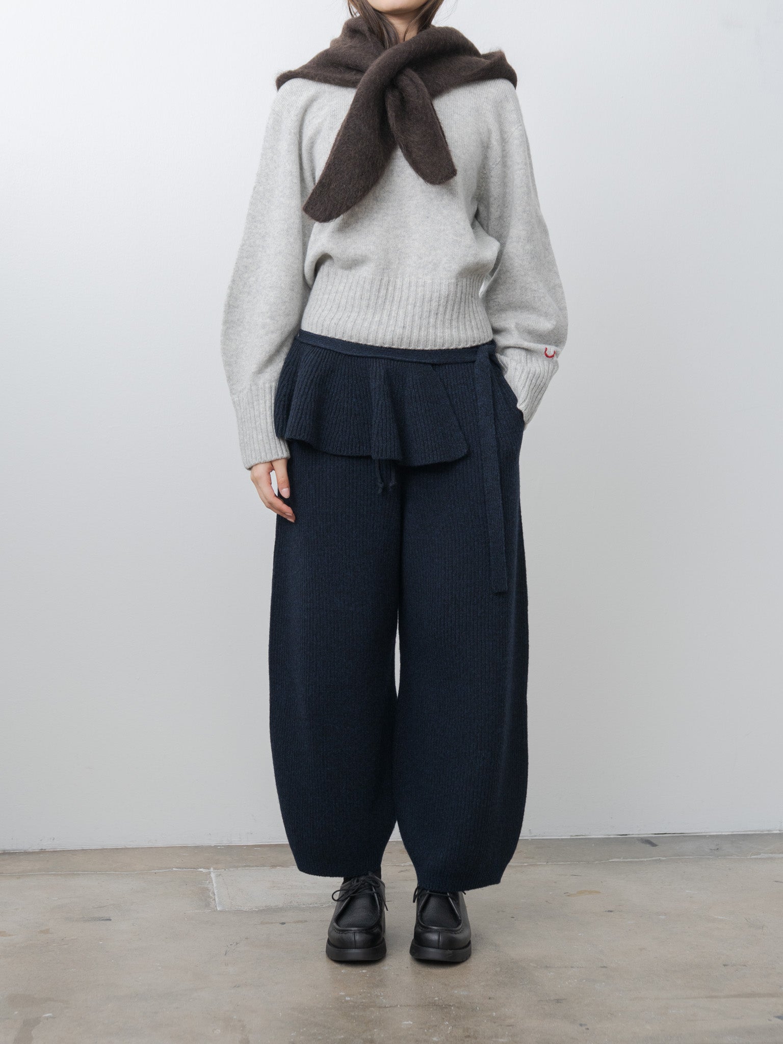 Namu Shop - Unfil Woolen Cotton & Fine Lambswool Ribbed Wide Pants - Black Navy