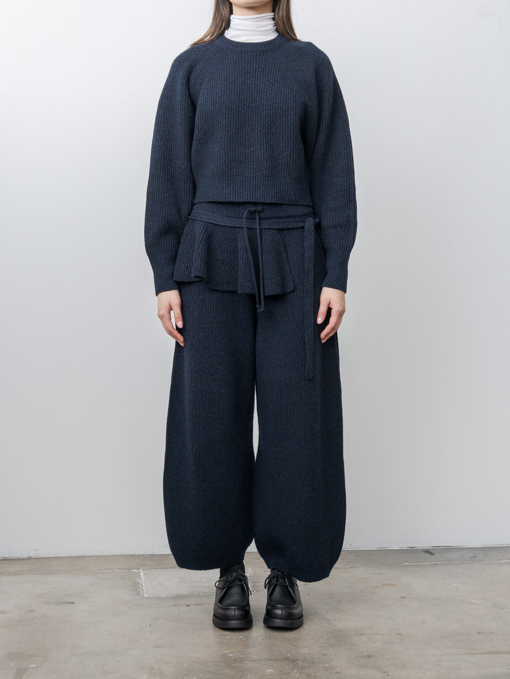 Namu Shop - Unfil Woolen Cotton & Fine Lambswool Ribbed Knit Frill Collar - Black Navy