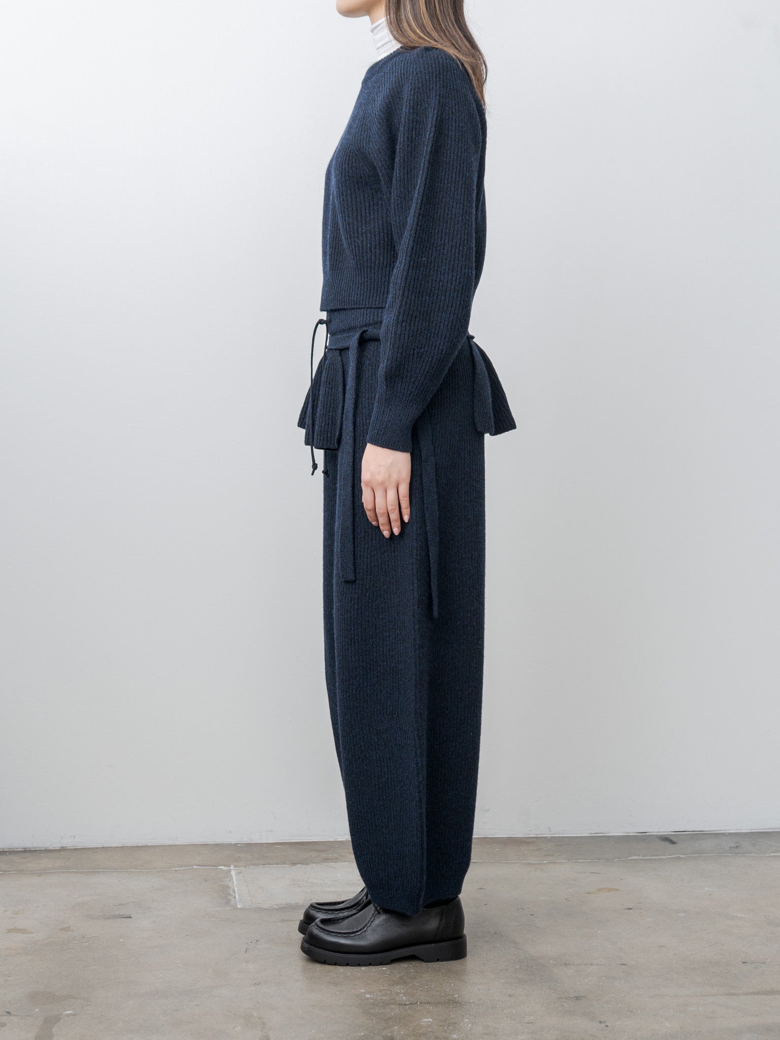Namu Shop - Unfil Woolen Cotton & Fine Lambswool Ribbed Wide Pants - Black Navy