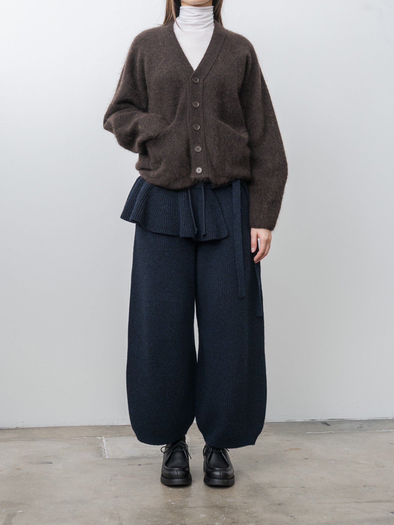 Namu Shop - Unfil Woolen Cotton & Fine Lambswool Ribbed Wide Pants - Black Navy