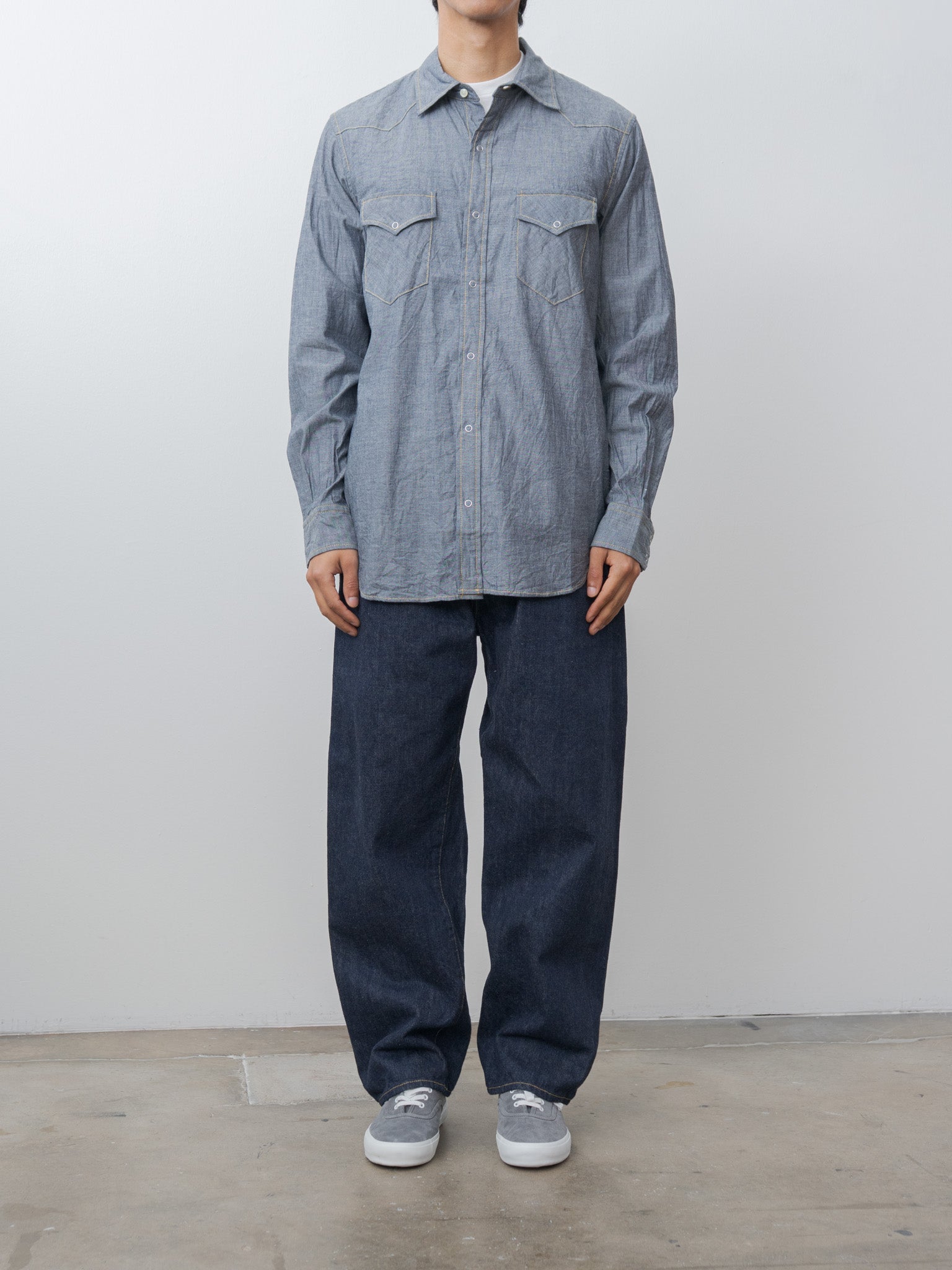 Namu Shop - ts(s) Indigo Cotton Chambray Yellow Stitch Western Shirt - Navy