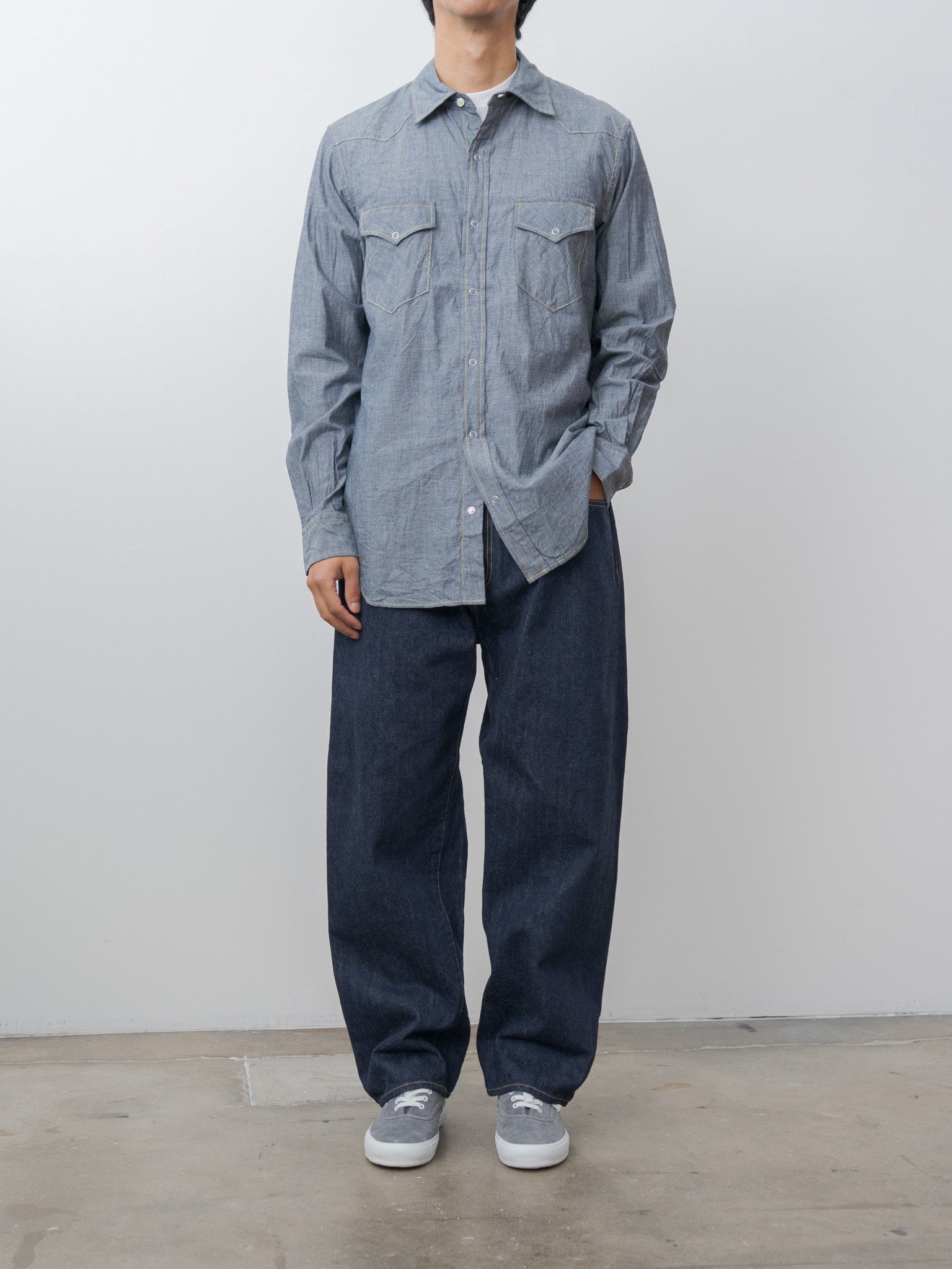 Namu Shop - ts(s) Indigo Cotton Chambray Yellow Stitch Western Shirt - Navy