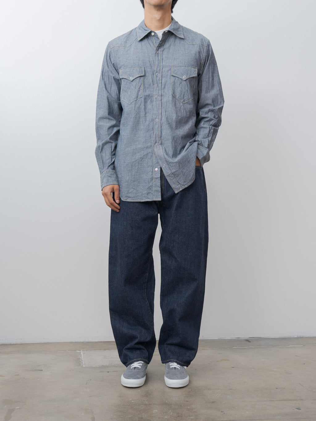 Namu Shop - ts(s) Indigo Cotton Chambray Yellow Stitch Western Shirt - Navy