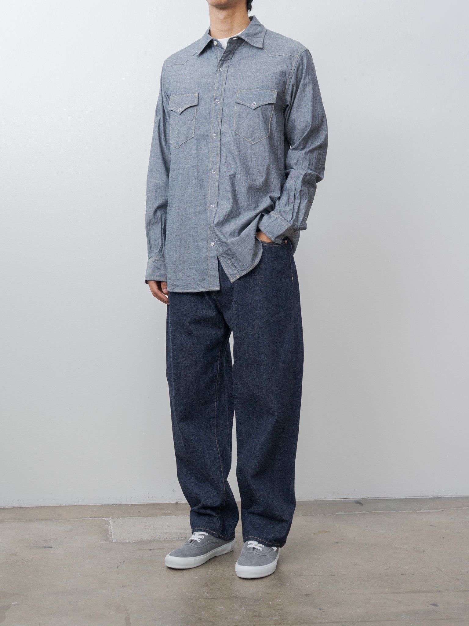 Namu Shop - ts(s) Indigo Cotton Chambray Yellow Stitch Western Shirt - Navy