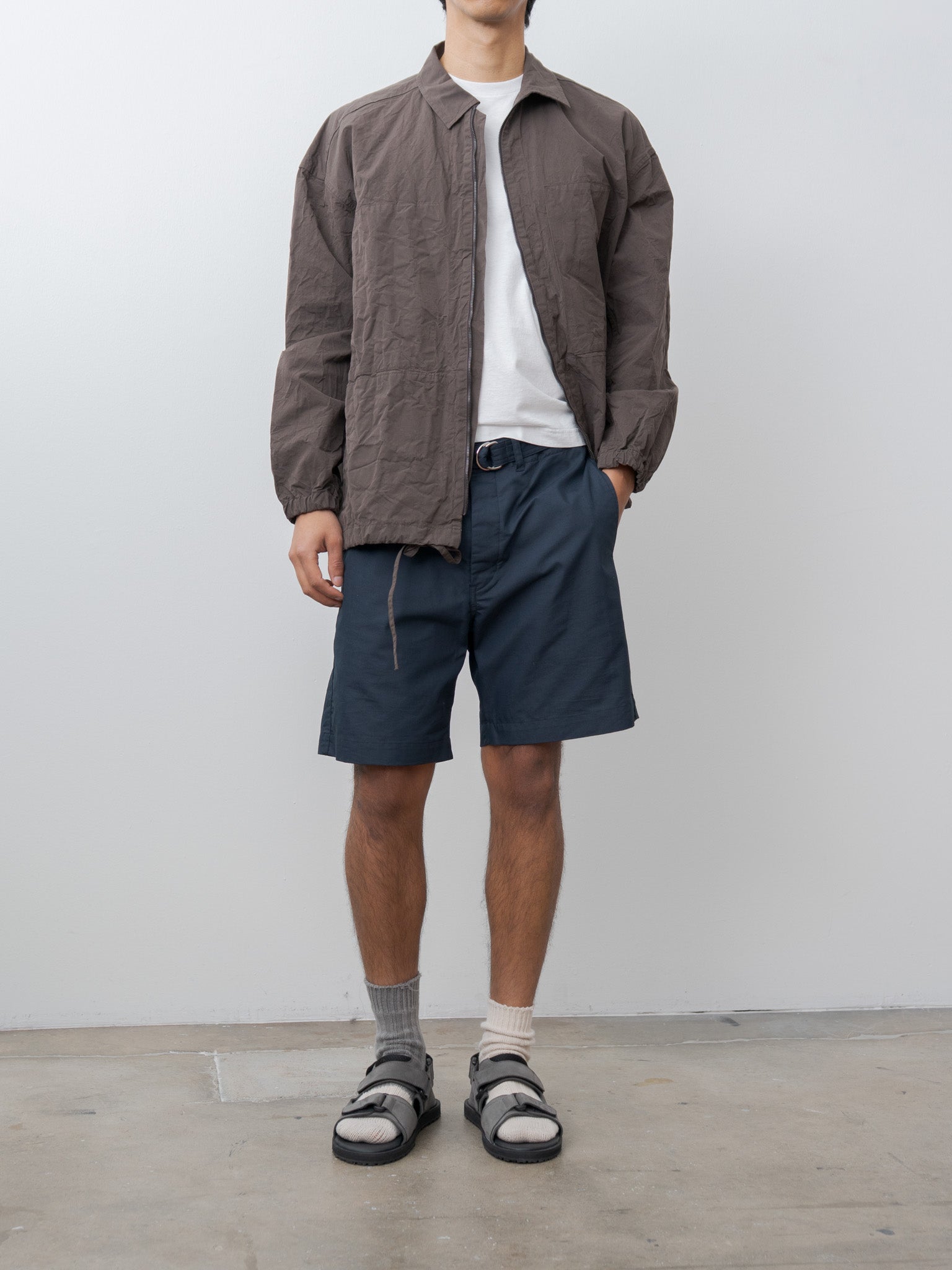Namu Shop - ts(s) Cotton Poly Hollow Yarn Light Gabardine D-Ring Belted Shorts - Navy