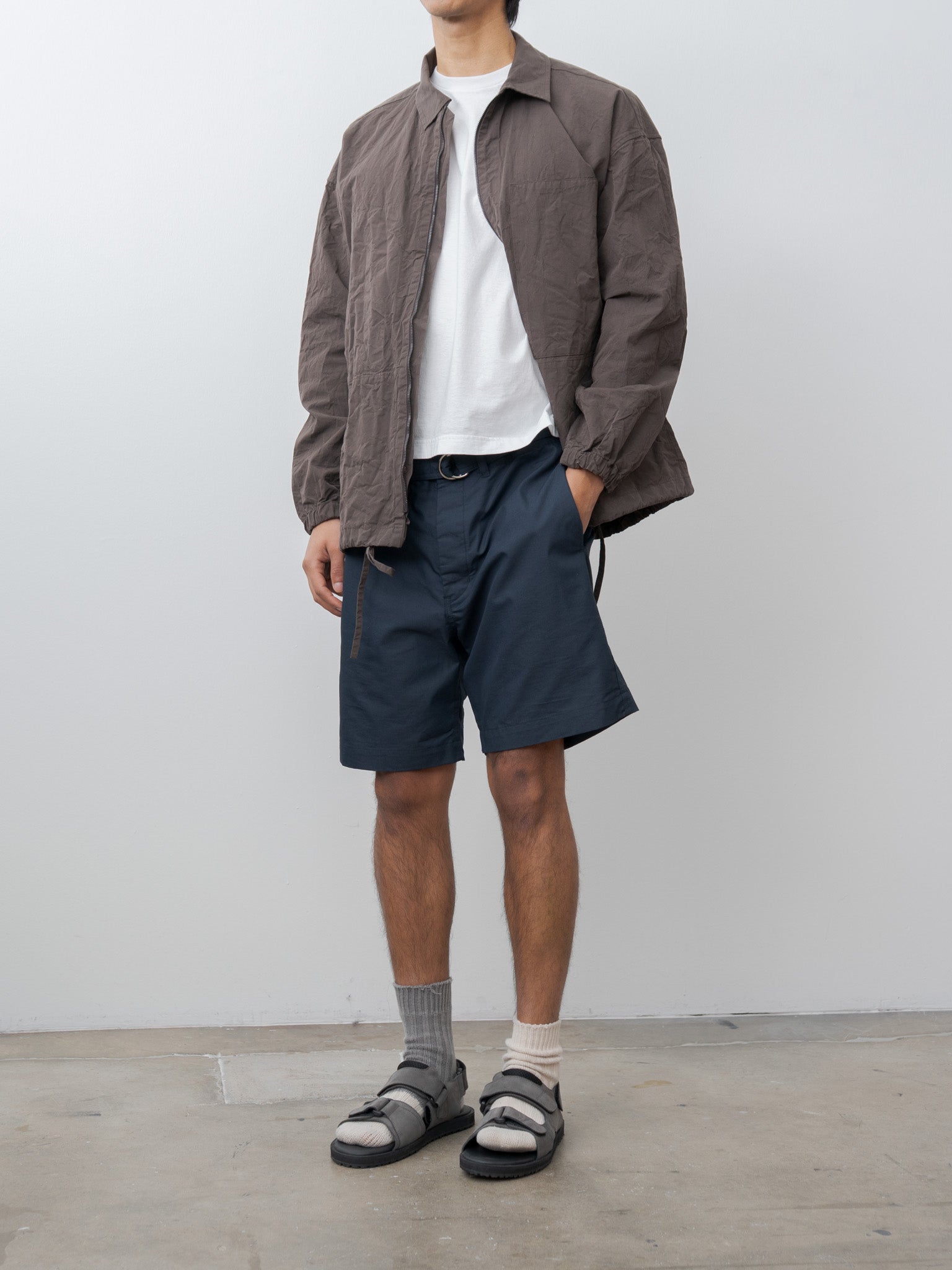 Namu Shop - ts(s) Cotton Poly Hollow Yarn Light Gabardine D-Ring Belted Shorts - Navy