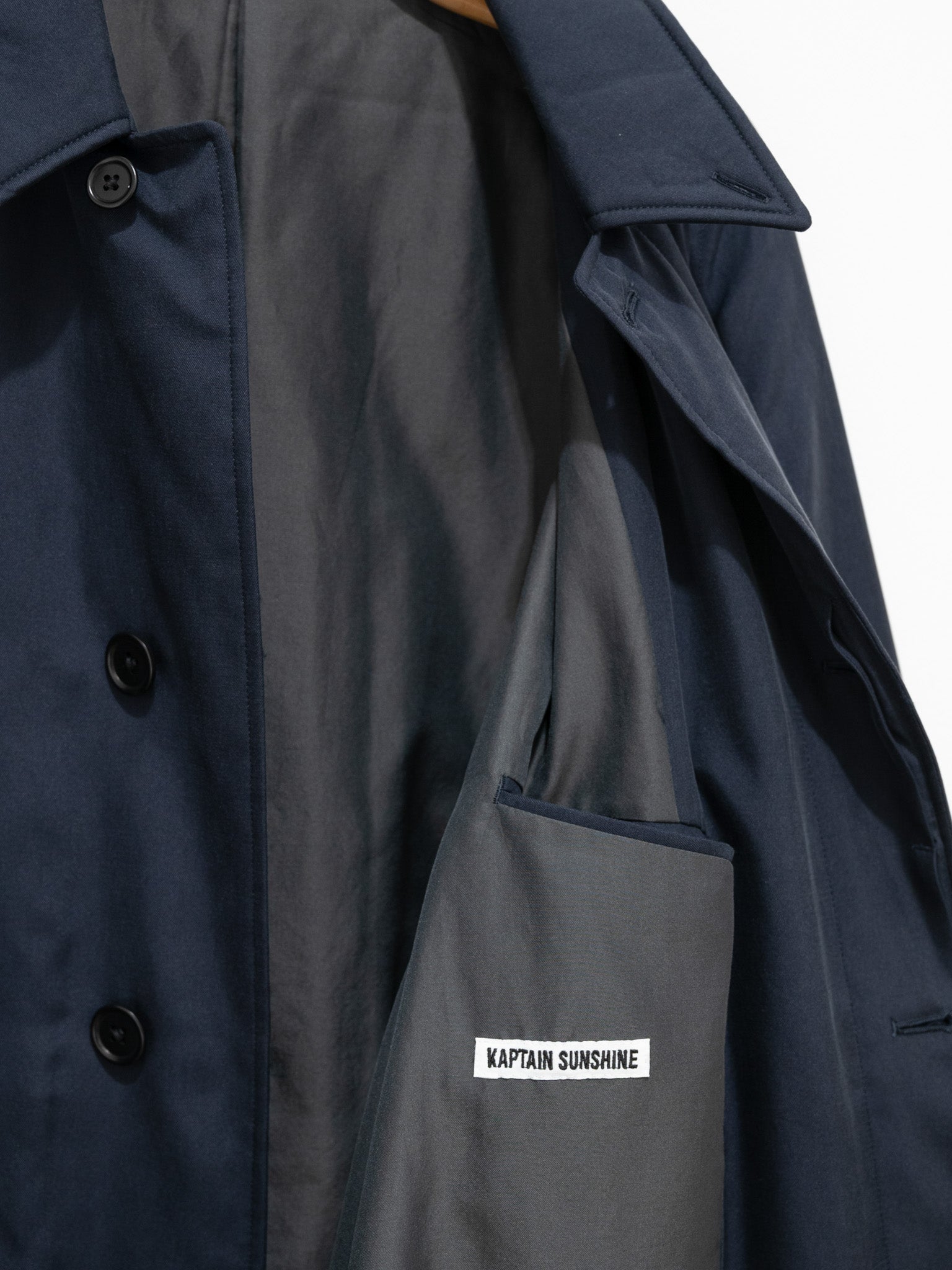 Namu Shop - Kaptain Sunshine Washed Silk Gabardine Padding Walker Coat - Navy