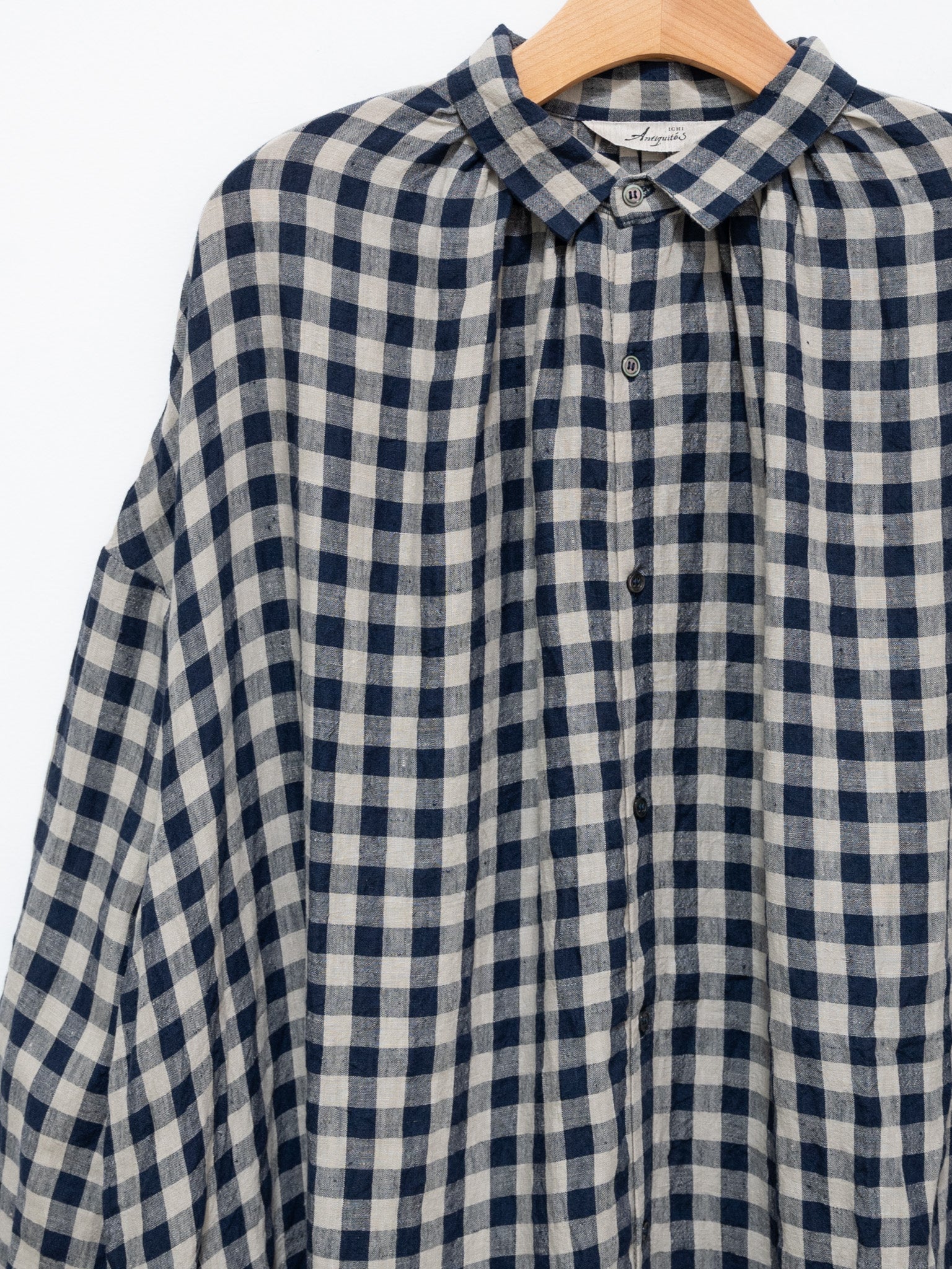 Namu Shop - Ichi Antiquites AZUMADAKI Linen Gingham Dress - Beige x Navy