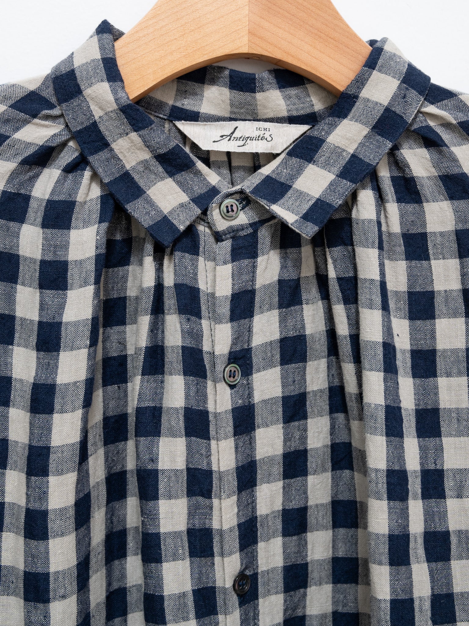 Namu Shop - Ichi Antiquites AZUMADAKI Linen Gingham Dress - Beige x Navy