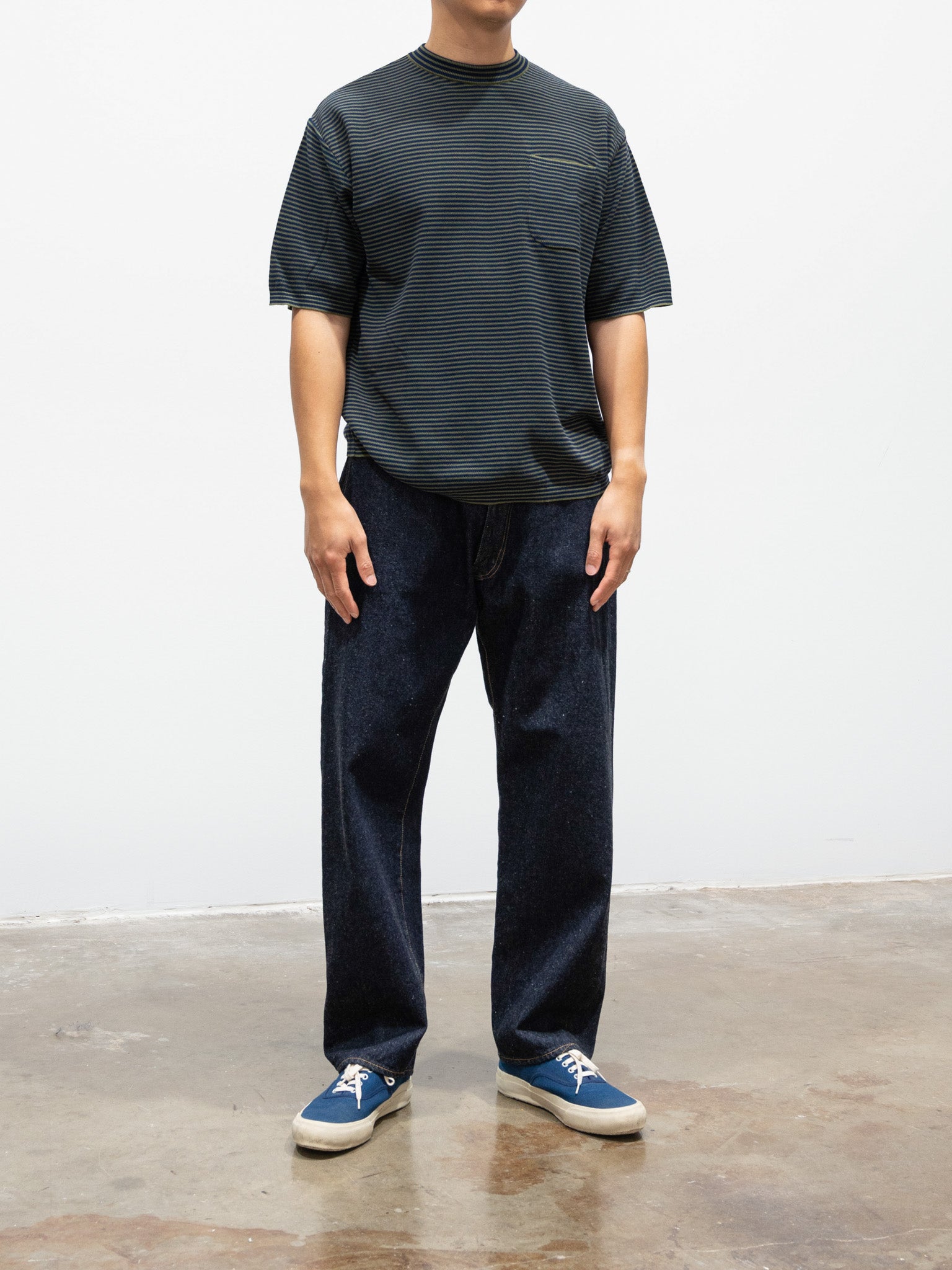 Namu Shop - Kaptain Sunshine Crewneck Knit Border Pocket Tee - Green/Navy