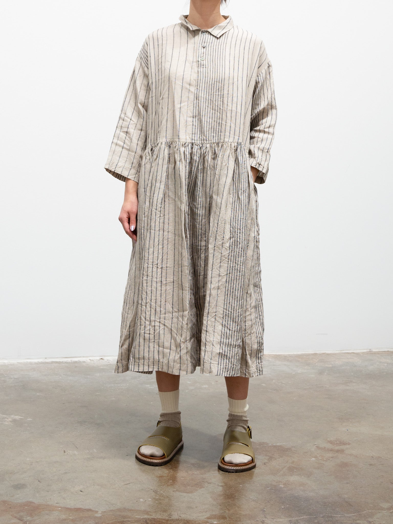 Namu Shop - Ichi Antiquites Linen Random Stripes Dress - Natural