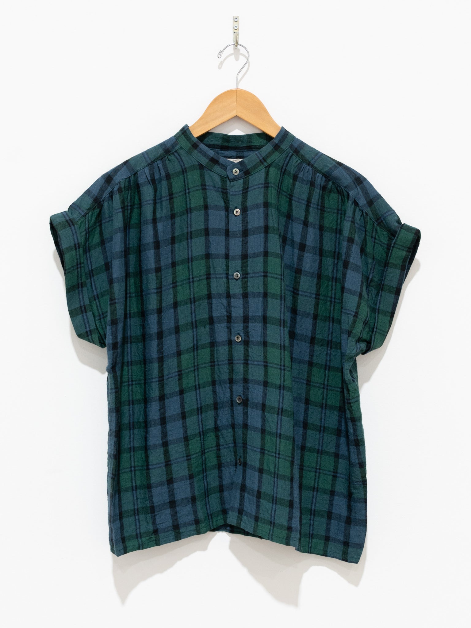 Namu Shop - Ichi Antiquites Linen Check Azumadaki Band Collar Shirt - Black Watch