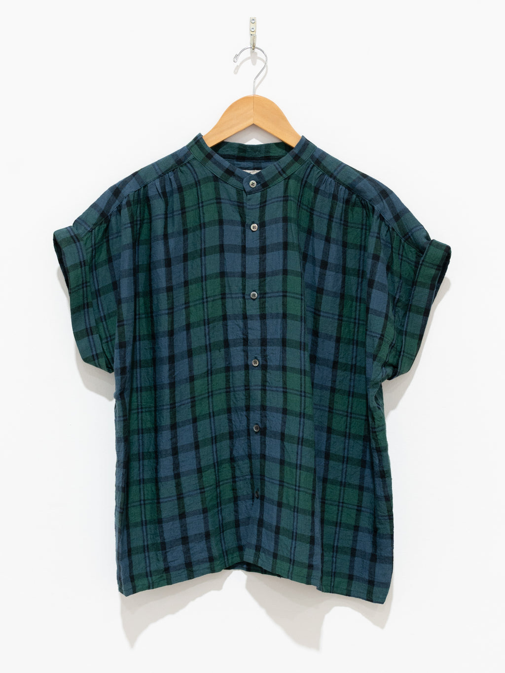 Namu Shop - Ichi Antiquites Linen Check Azumadaki Band Collar Shirt - Black Watch