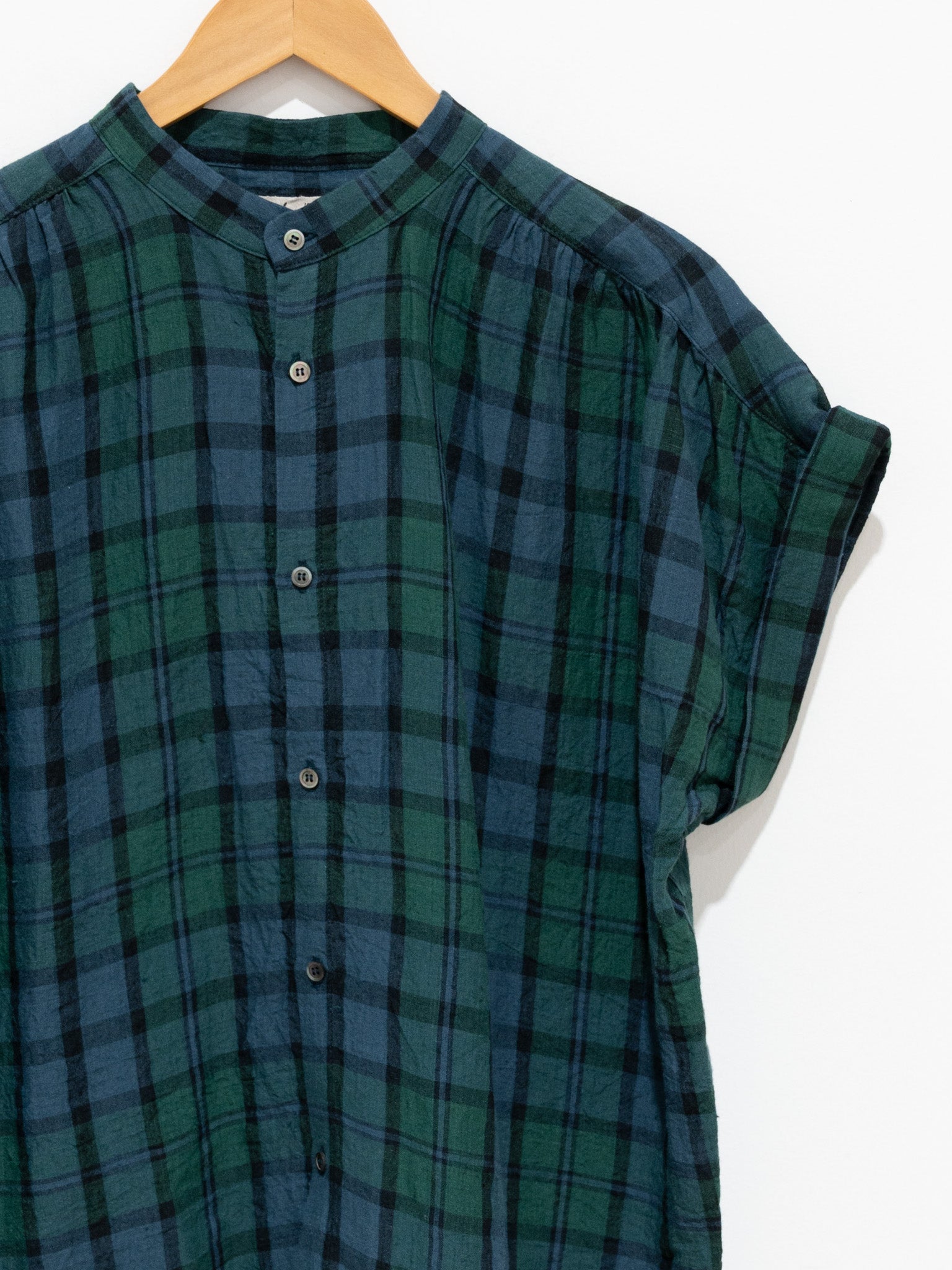 Namu Shop - Ichi Antiquites Linen Check Azumadaki Band Collar Shirt - Black Watch
