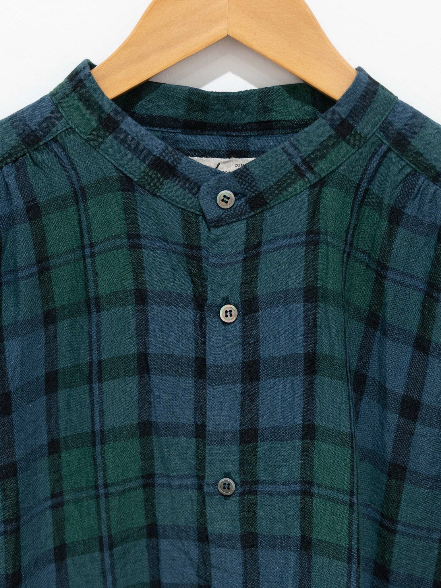 Namu Shop - Ichi Antiquites Linen Check Azumadaki Band Collar Shirt - Black Watch