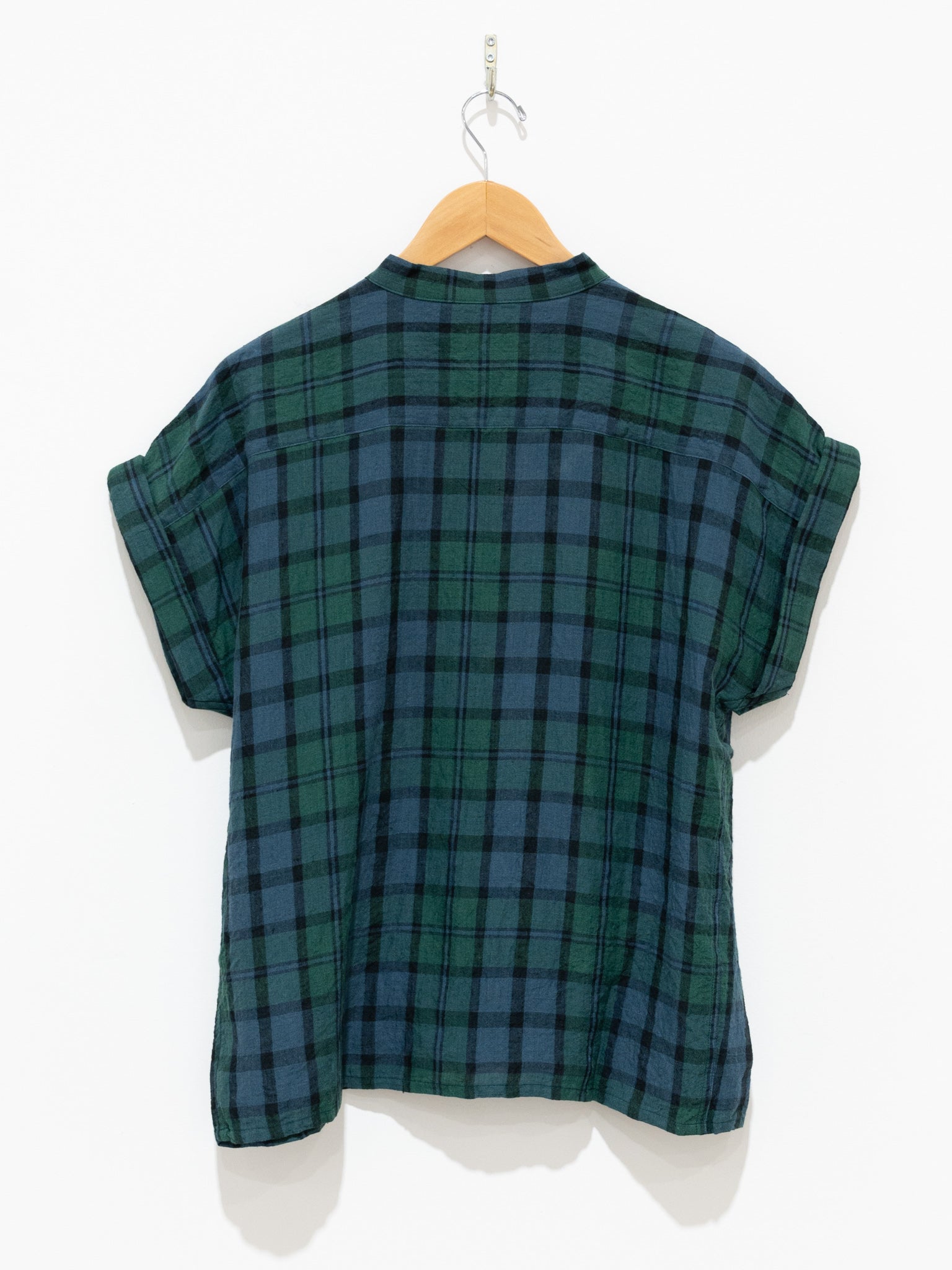 Namu Shop - Ichi Antiquites Linen Check Azumadaki Band Collar Shirt - Black Watch