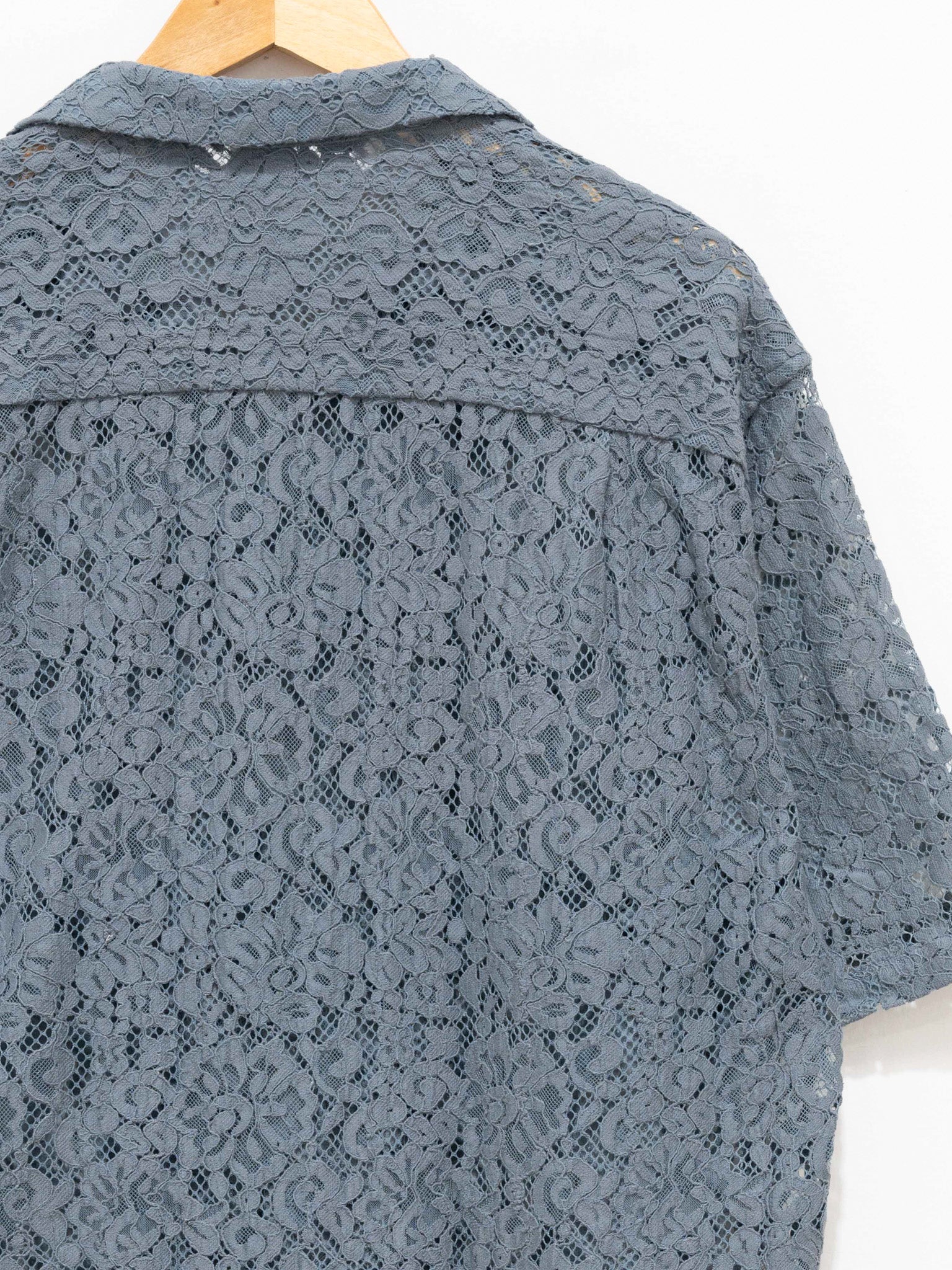 Namu Shop - Niche Open Collar S/S Shirt - Gray Lace Flower