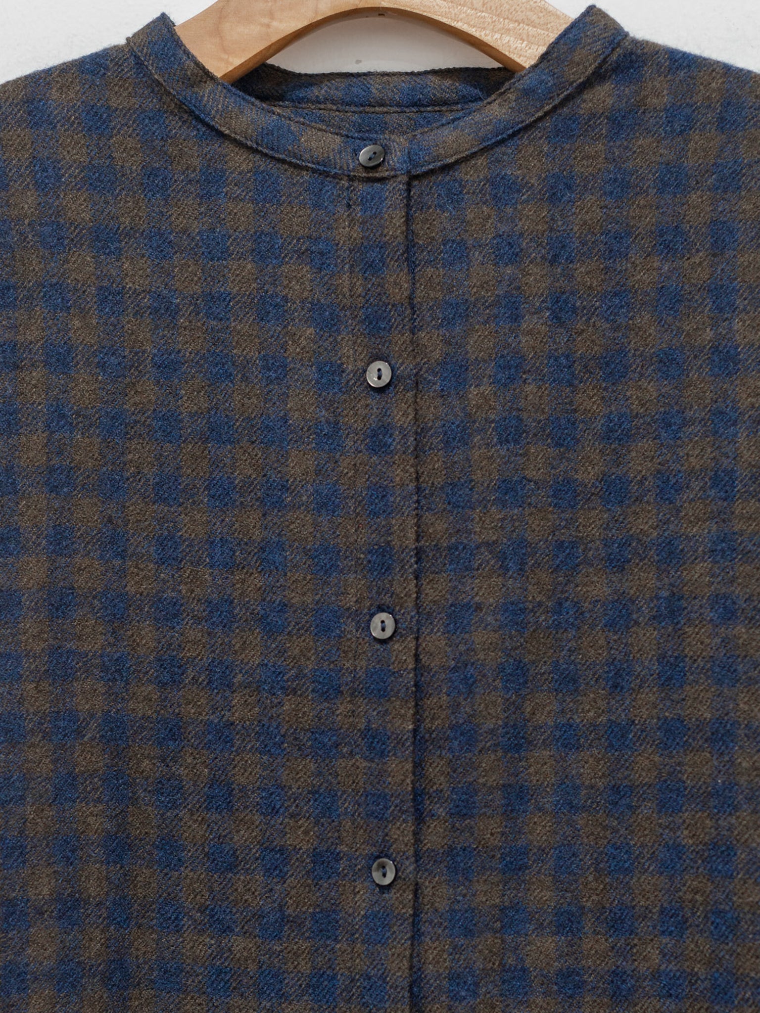 Namu Shop - ICHI Wool Gingham Long Shirt - Navy x Brown