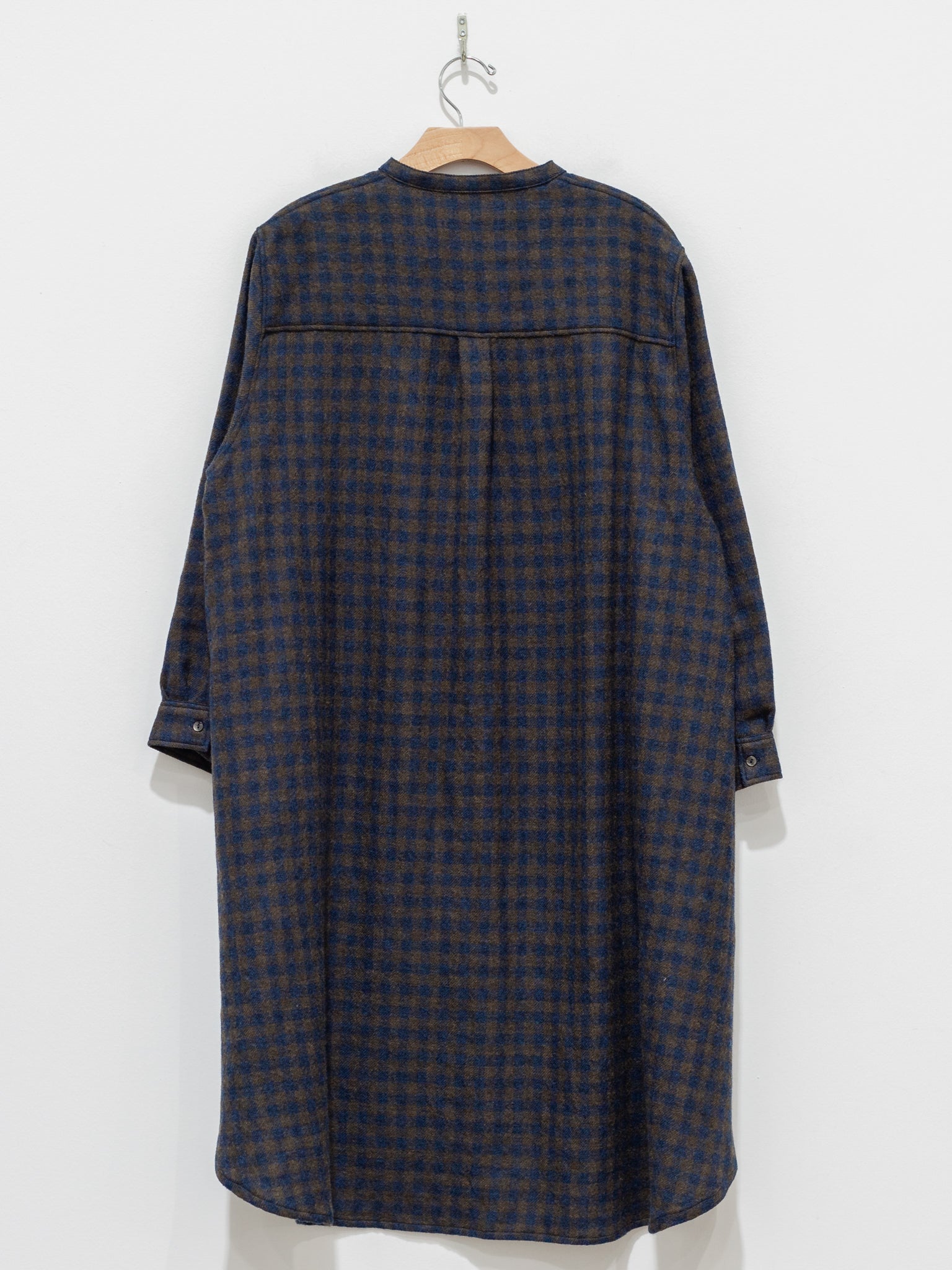 Namu Shop - ICHI Wool Gingham Long Shirt - Navy x Brown