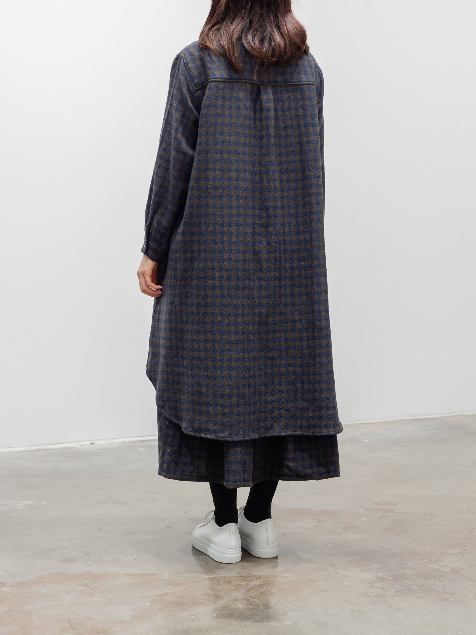 Namu Shop - ICHI Wool Gingham Long Shirt - Navy x Brown