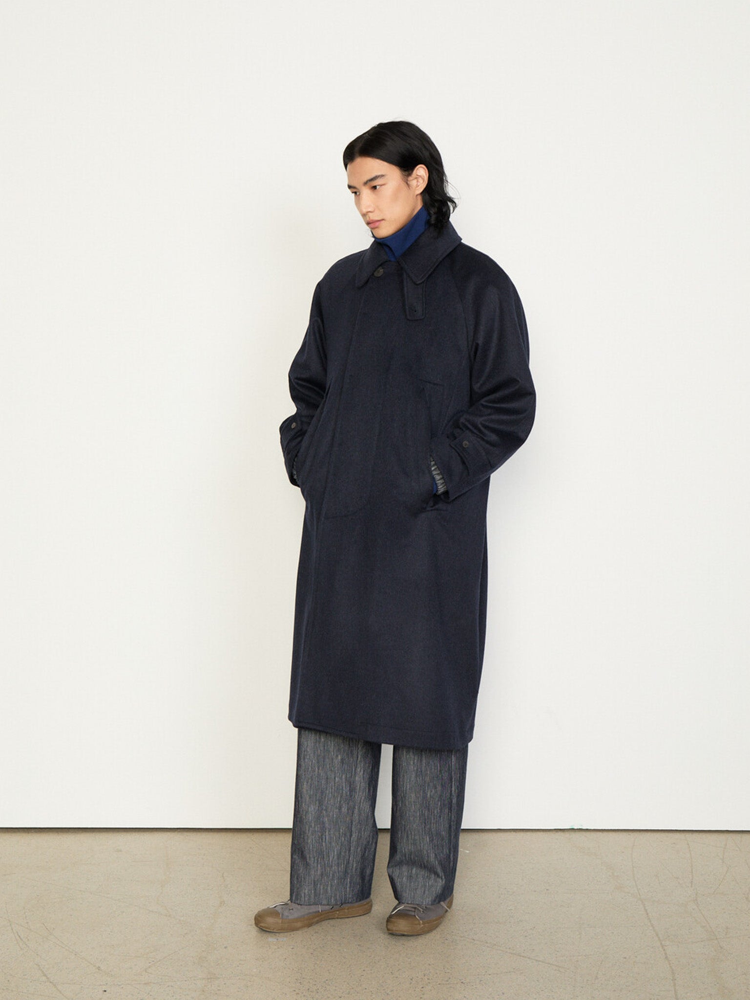 Namu Shop - Document Austria Himalaya Loden Inverted Pleats Balmacaan Coat - Navy