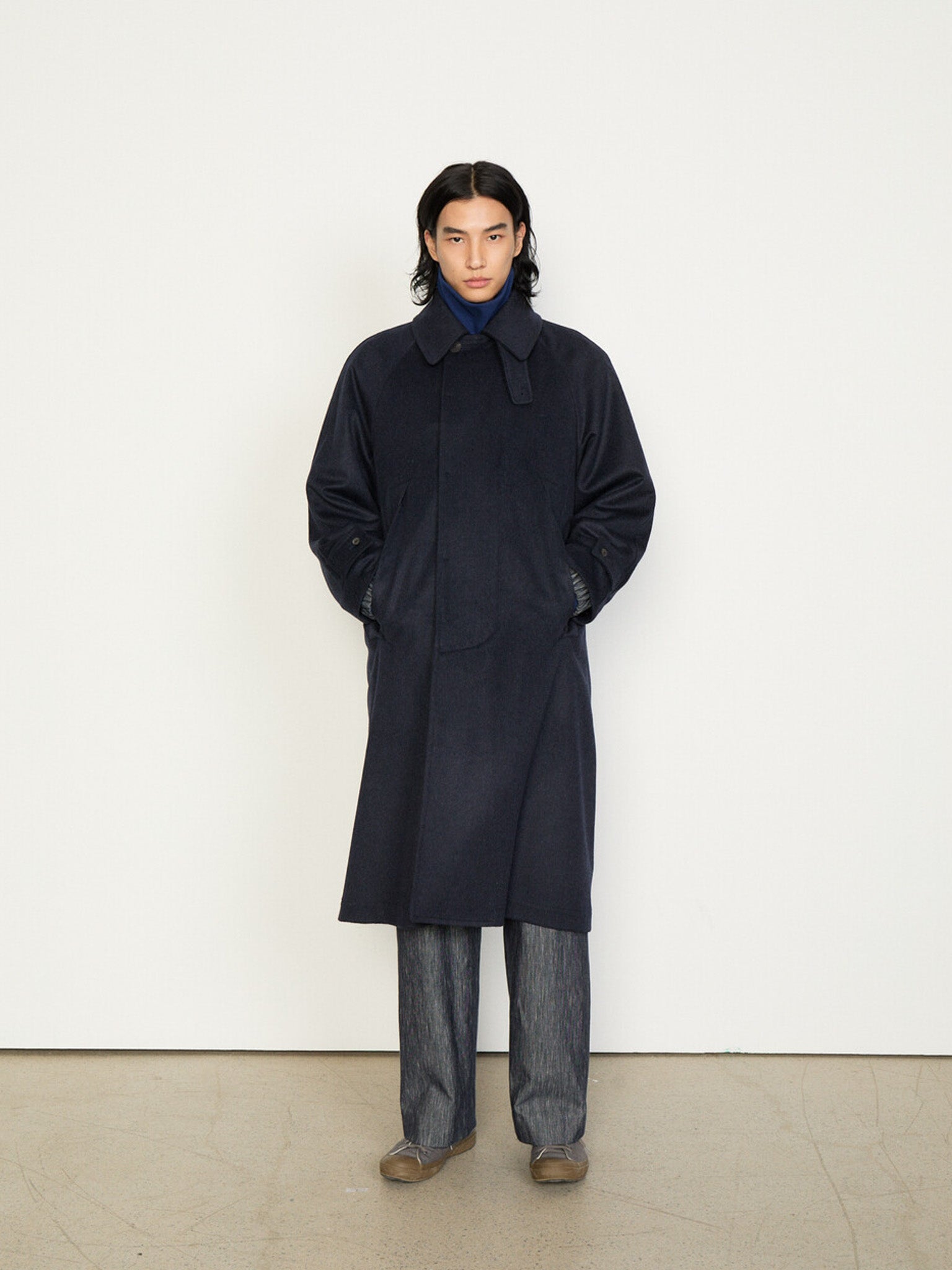Namu Shop - Document Austria Himalaya Loden Inverted Pleats Balmacaan Coat - Navy