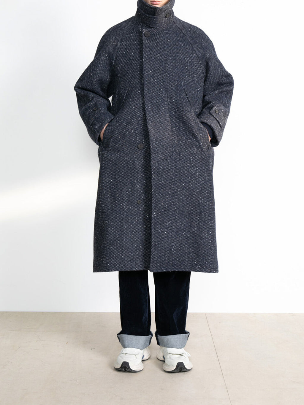 Namu Shop - Document Donegal Tweed Inverted Pleats Balmacaan Coat - Navy