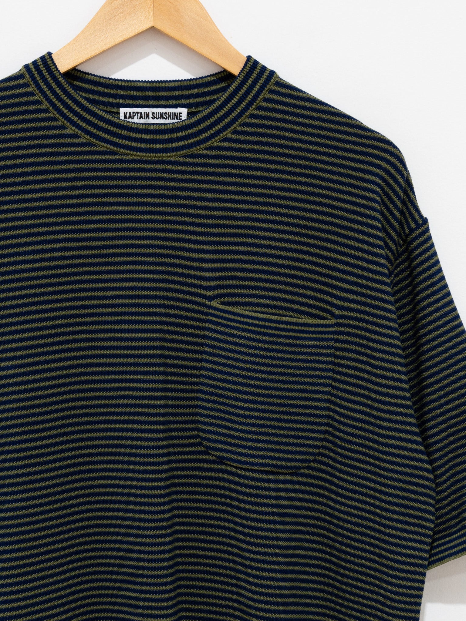 Namu Shop - Kaptain Sunshine Crewneck Knit Border Pocket Tee - Green/Navy