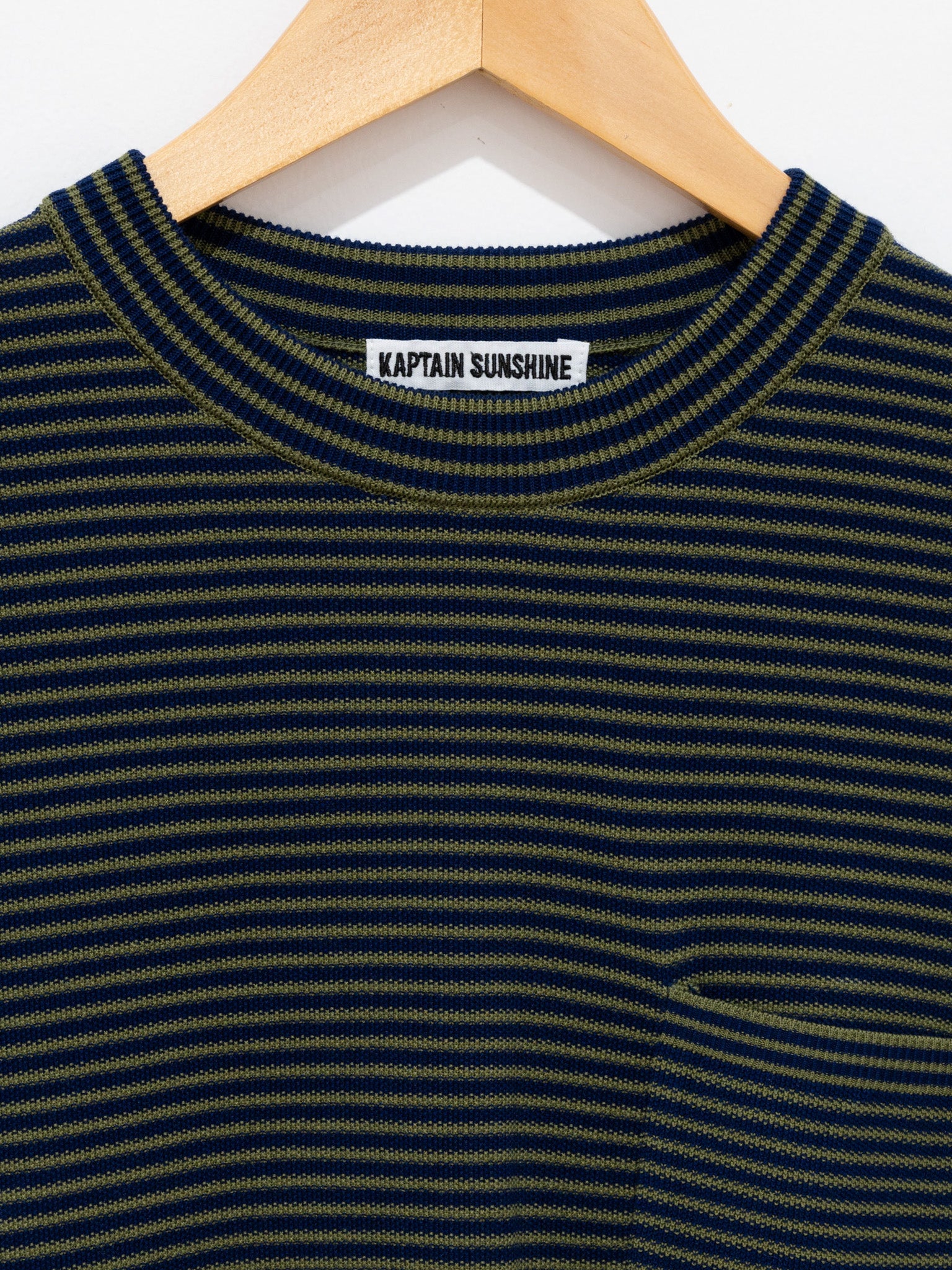 Namu Shop - Kaptain Sunshine Crewneck Knit Border Pocket Tee - Green/Navy