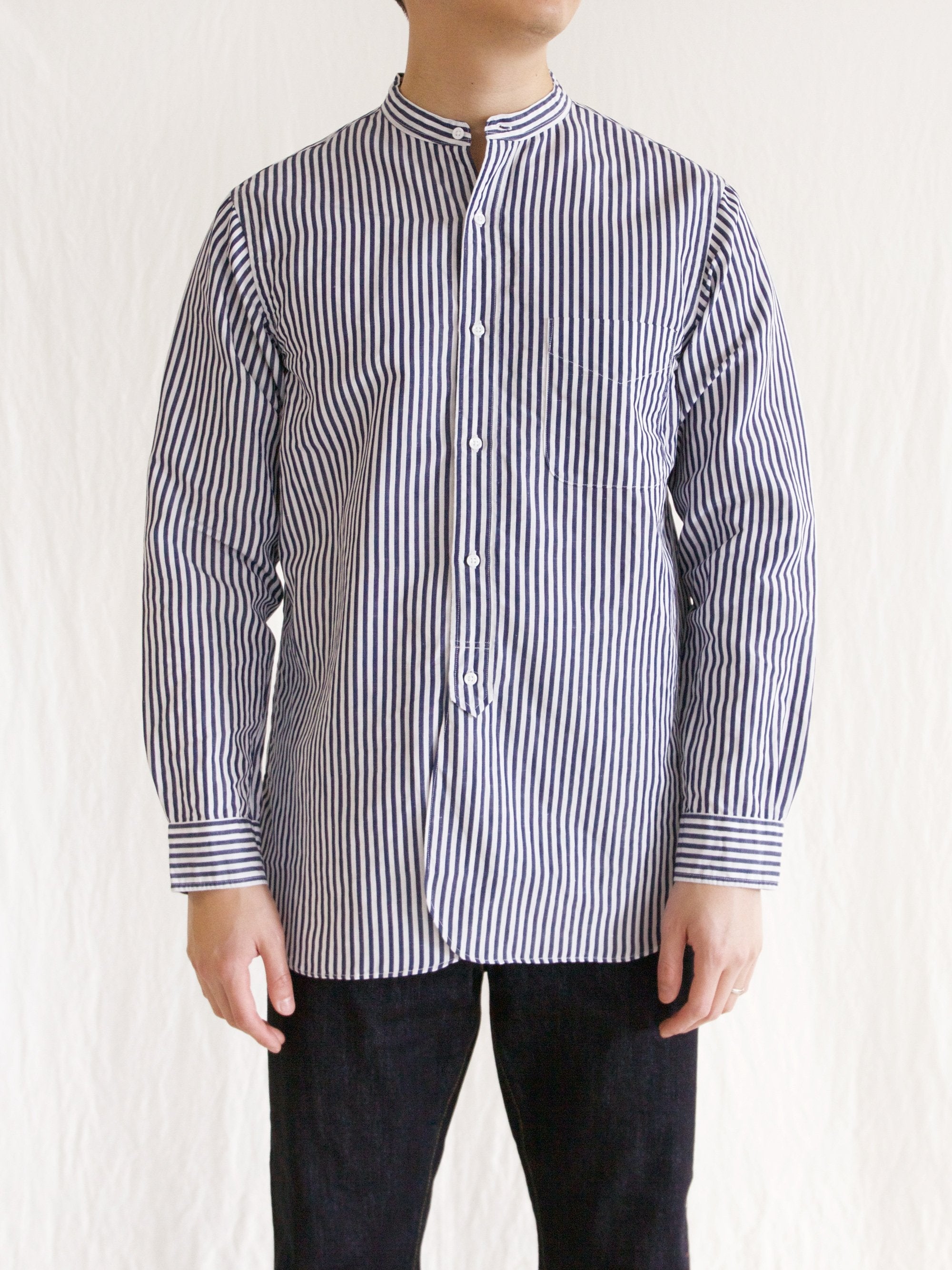 Namu Shop - A Vontade Banded Collar Shirt - Navy Stripe