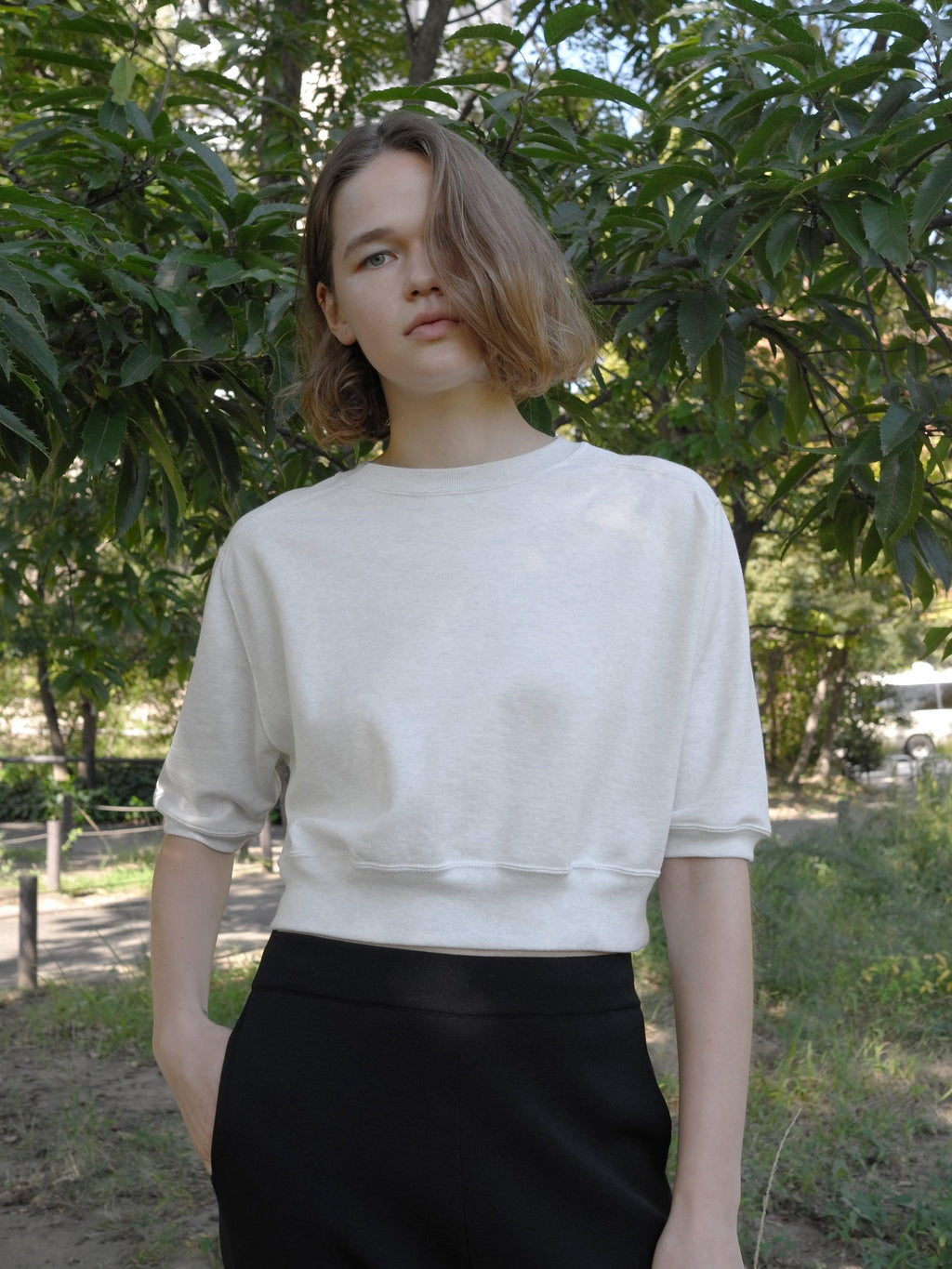 Namu Shop - Auralee Light Flowy Sweat Half Sleeve Crop Pullover - Top Light Gray