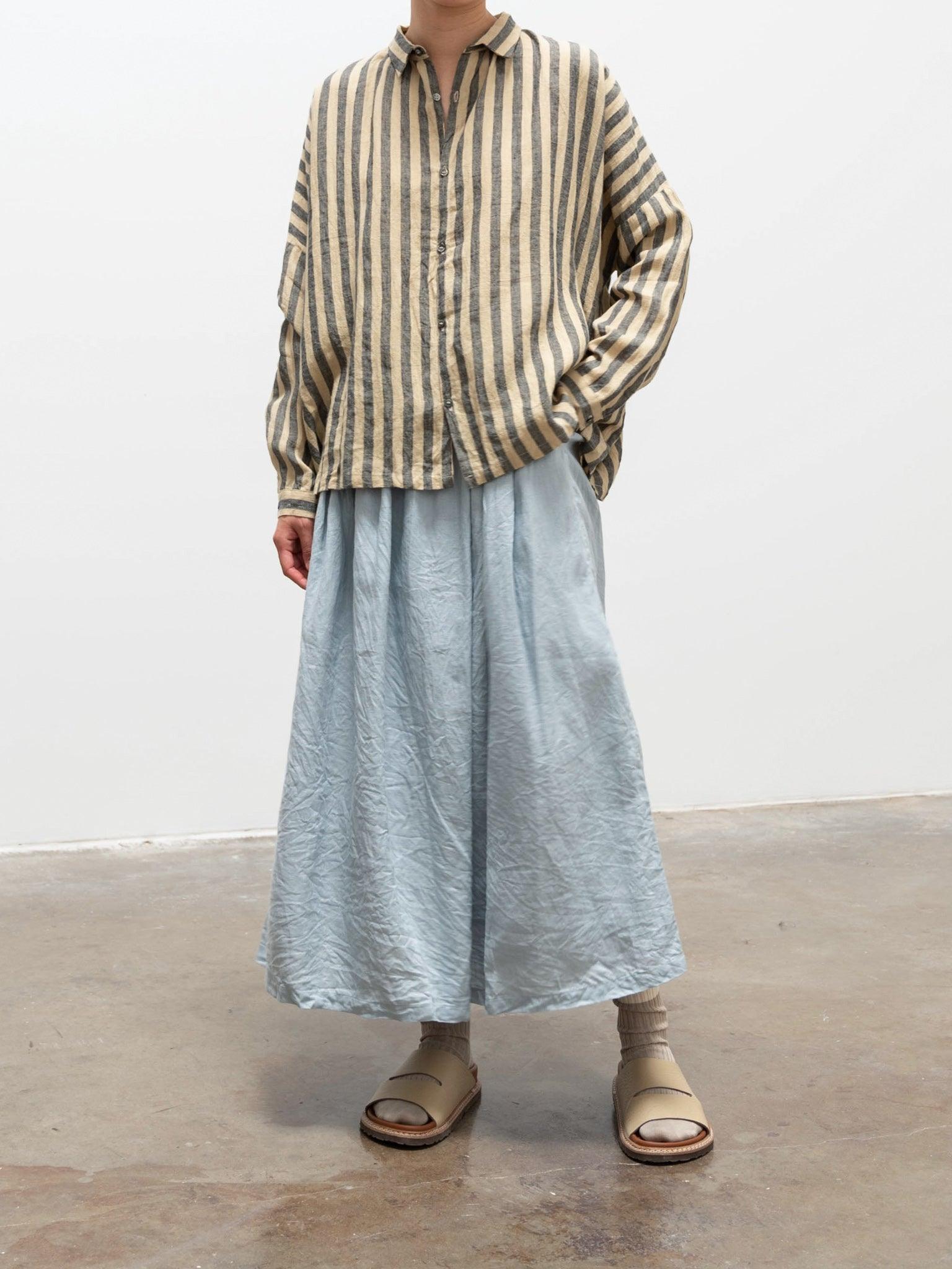 Namu Shop - Ichi Antiquites Linen Azumadaki Stripe Shirt - Beige x Blue