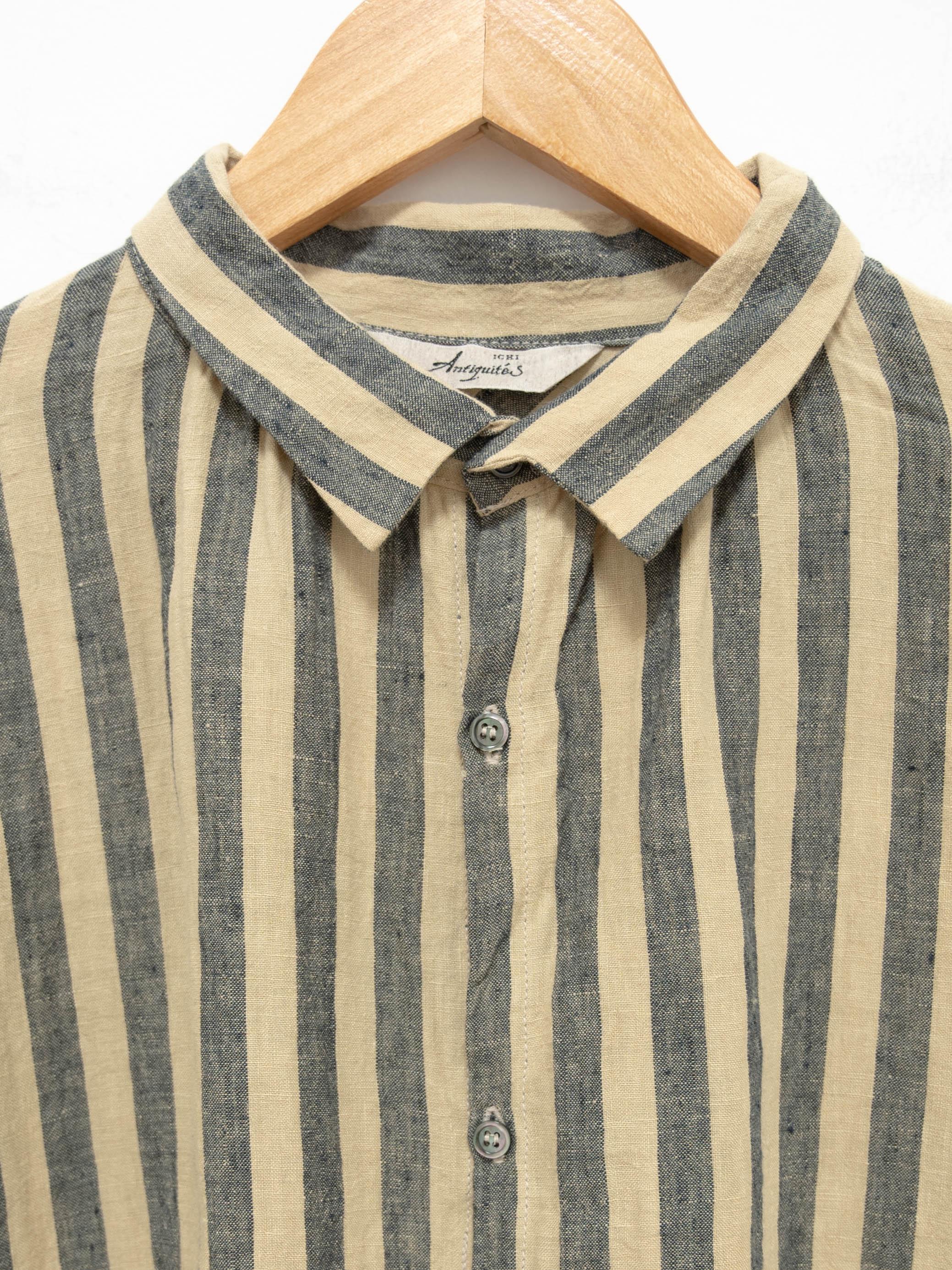 Namu Shop - Ichi Antiquites Linen Azumadaki Stripe Shirt - Beige x Blue