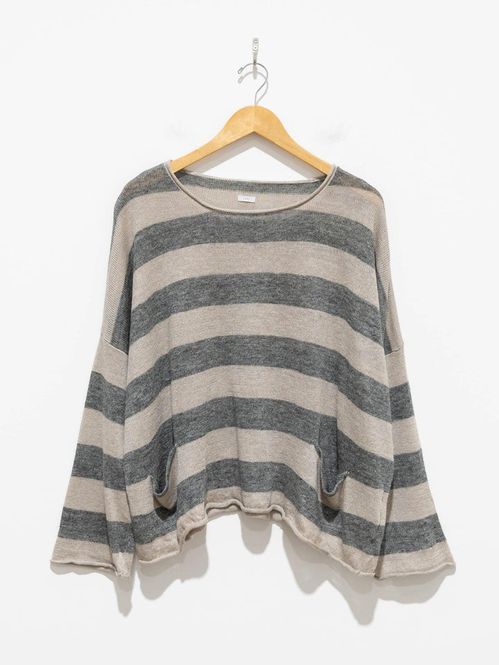 Namu Shop - Ichi Antiquites Linen Border Pocket Knit - Natural x Charcoal