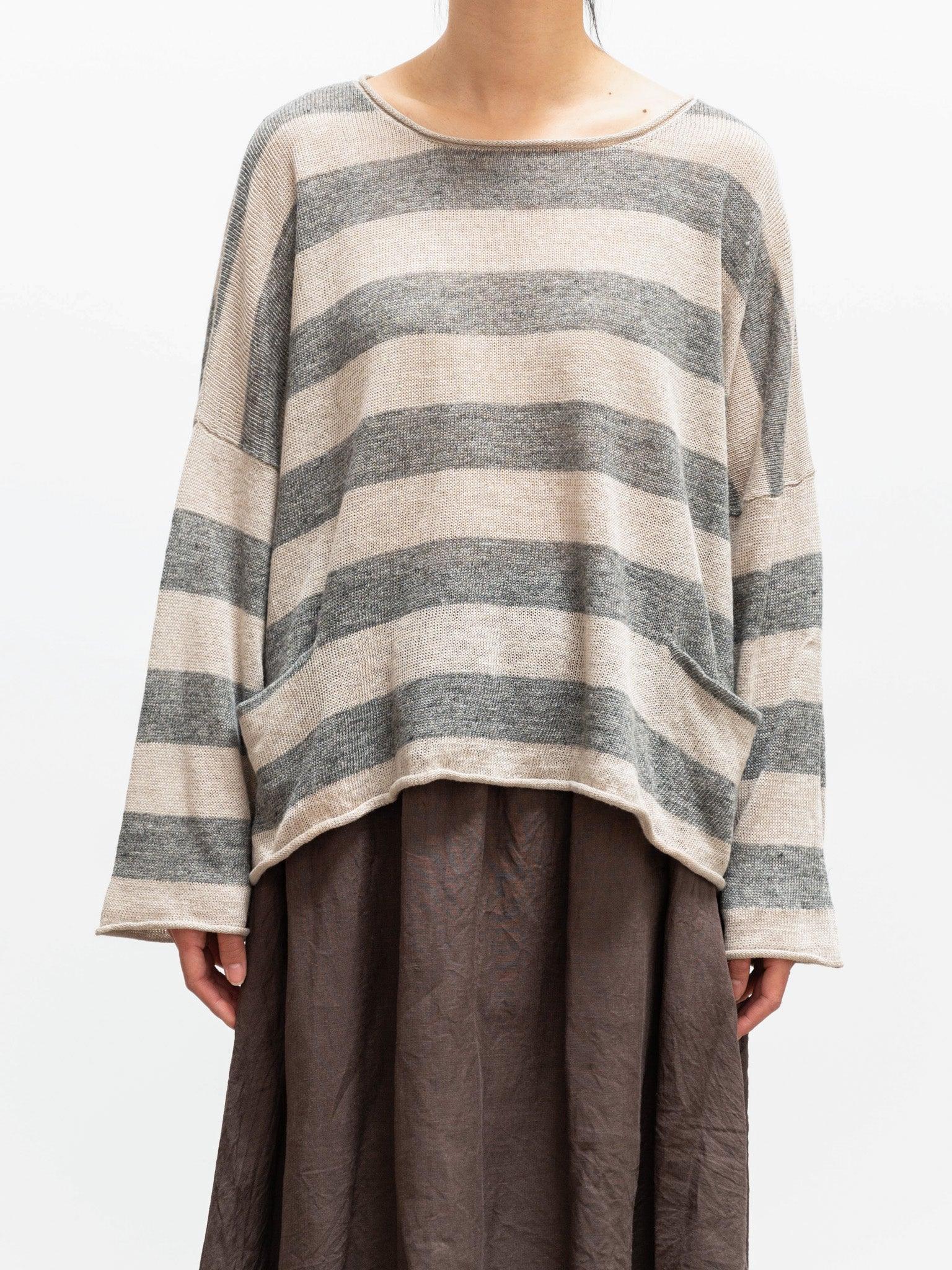 Namu Shop - Ichi Antiquites Linen Border Pocket Knit - Natural x Charcoal