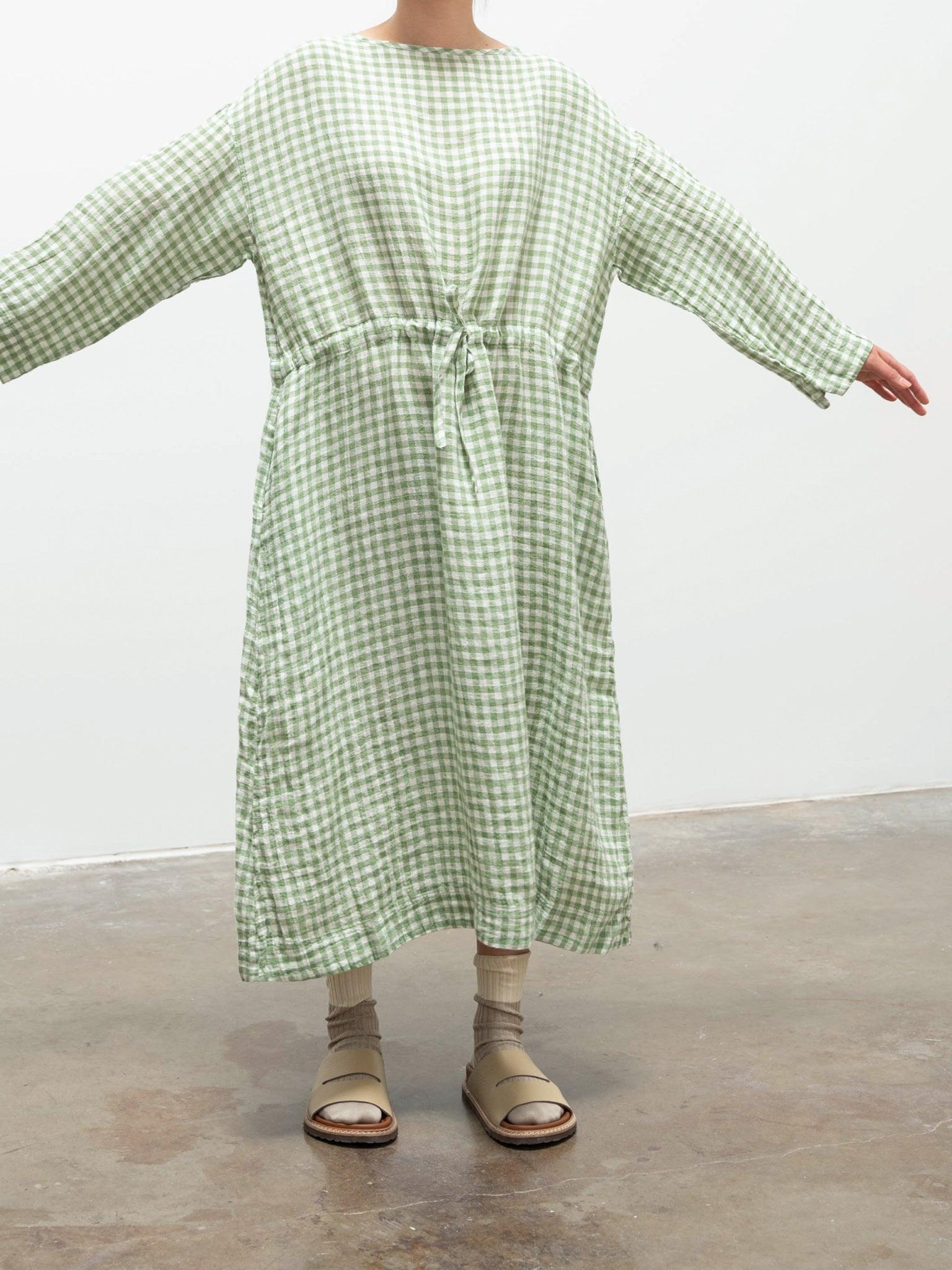 Namu Shop - Ichi Antiquites Linen Gingham Dress - White x Green