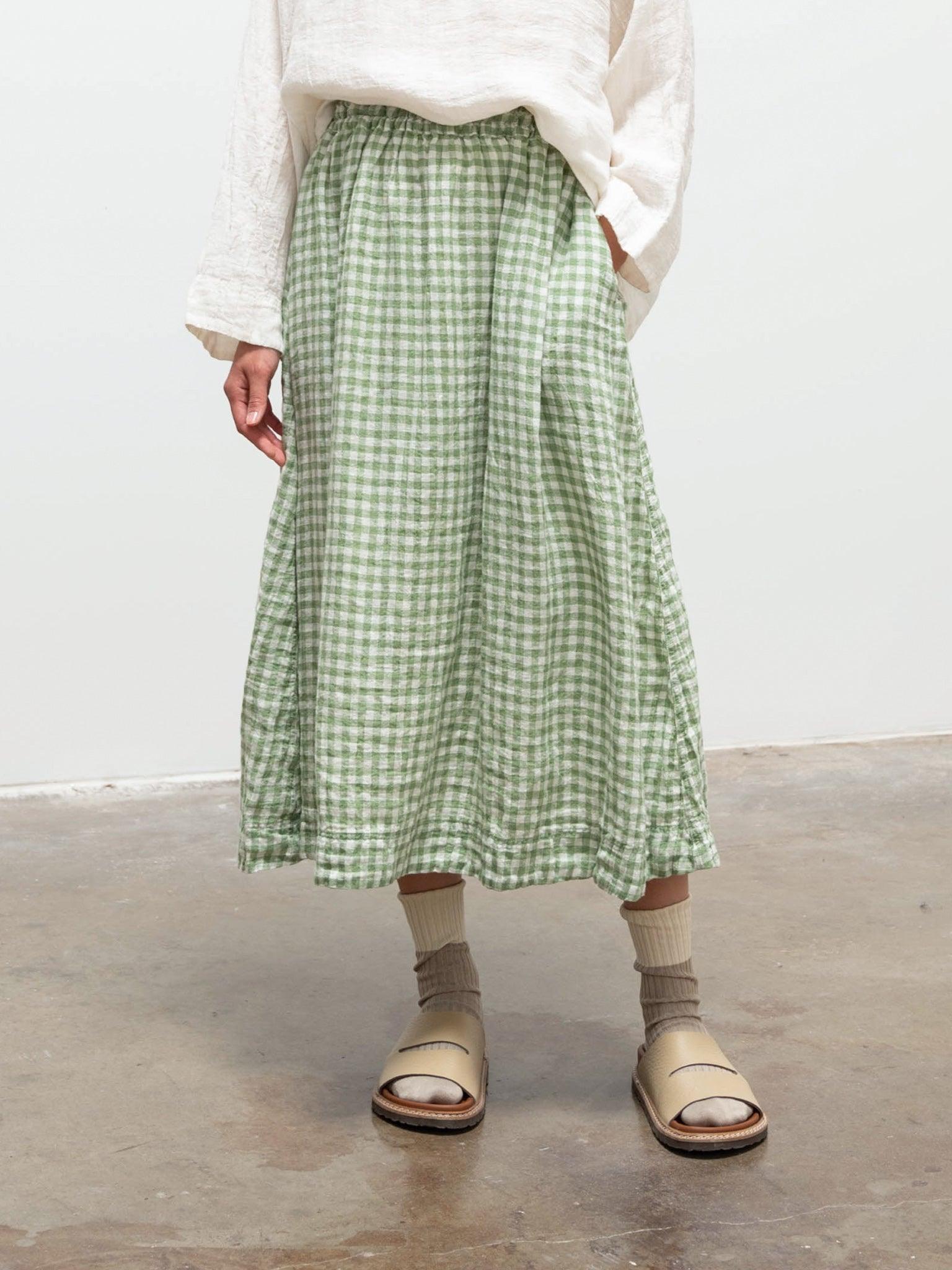 Namu Shop - Ichi Antiquites Linen Gingham Skirt - White x Green