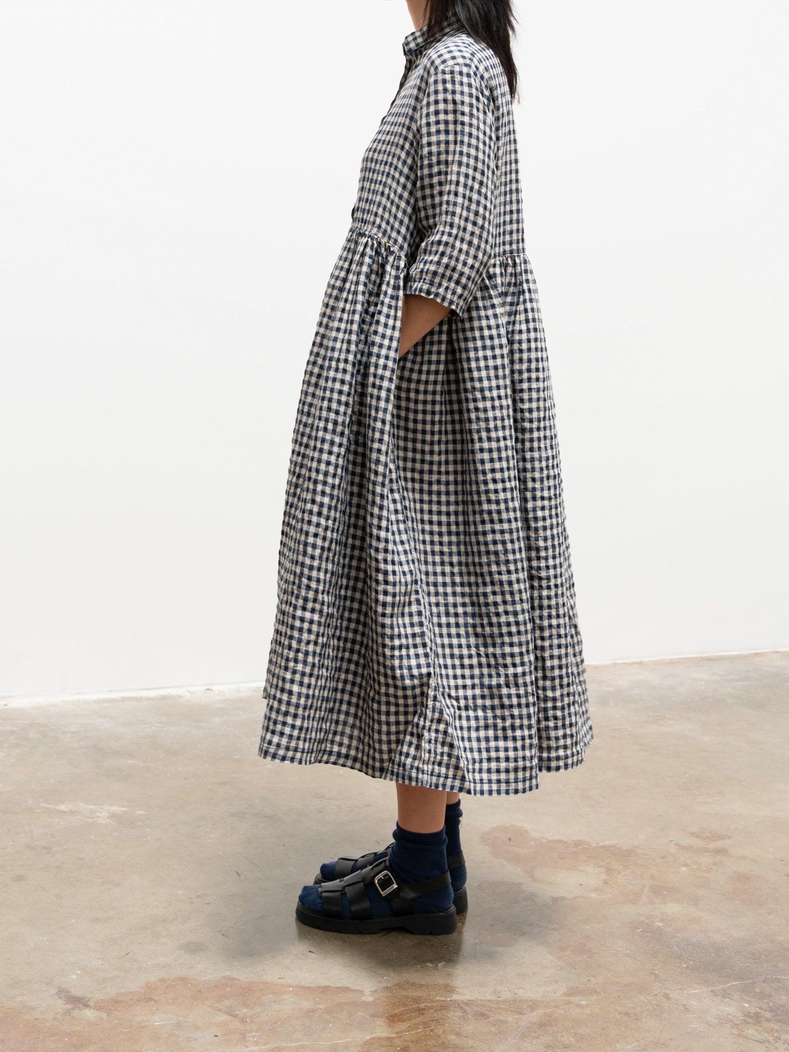Namu Shop - Ichi Antiquites Linen Gingham SS Shirt Dress - Natural x Navy