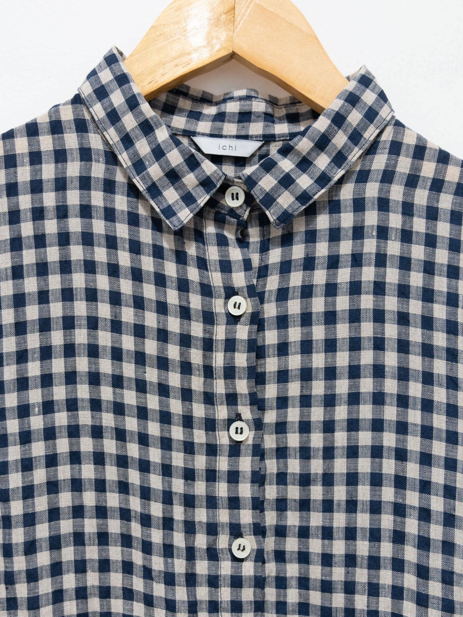 Namu Shop - Ichi Antiquites Linen Gingham SS Shirt Dress - Natural x Navy