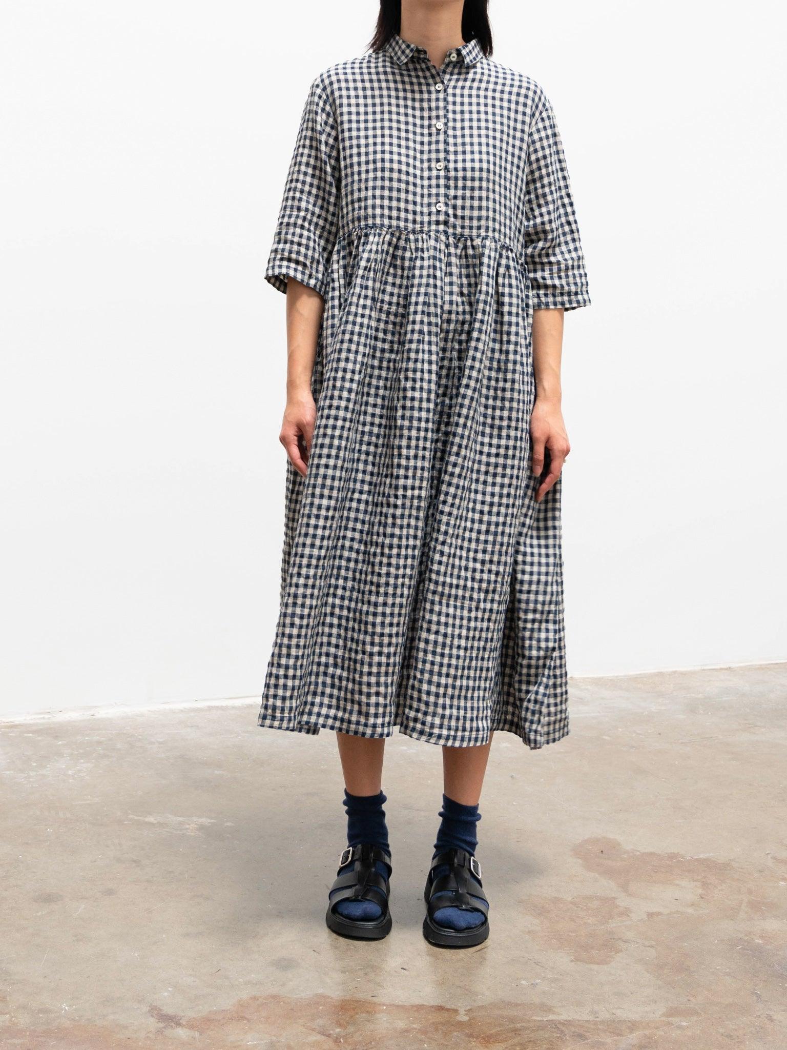 Namu Shop - Ichi Antiquites Linen Gingham SS Shirt Dress - Natural x Navy