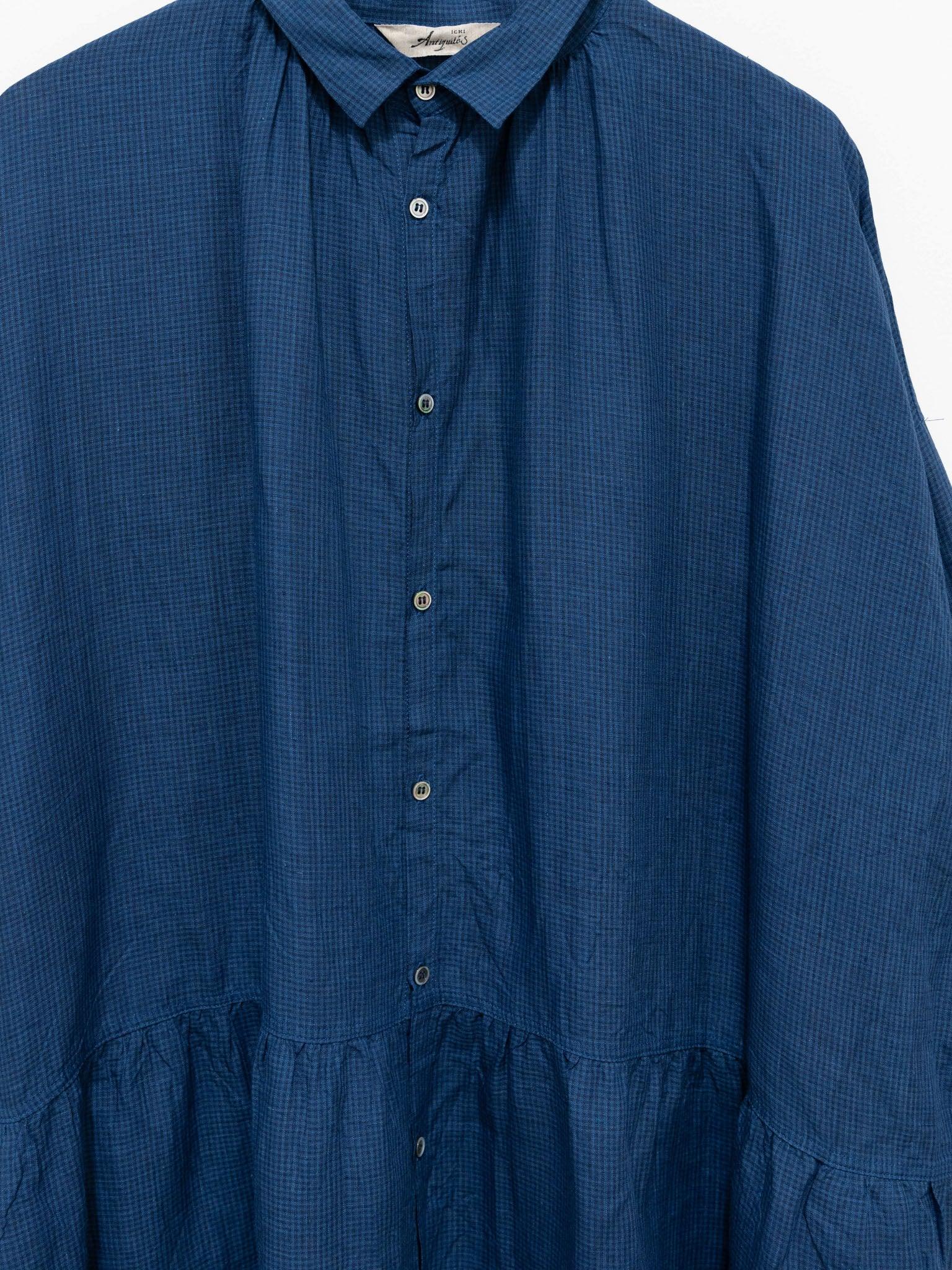Namu Shop - Ichi Antiquites Linen Indigo Gingham Shirt Dress - Indigo x Blue
