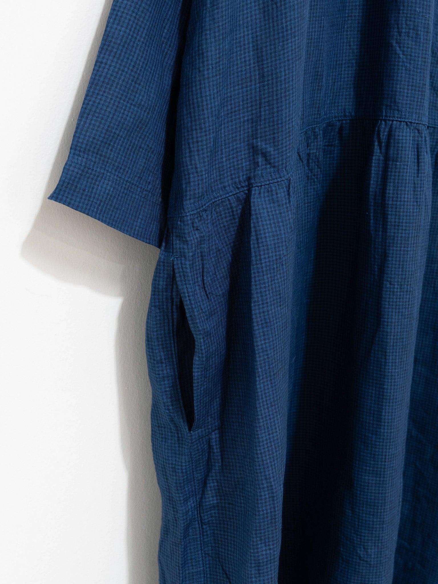 Namu Shop - Ichi Antiquites Linen Indigo Gingham Shirt Dress - Indigo x Blue