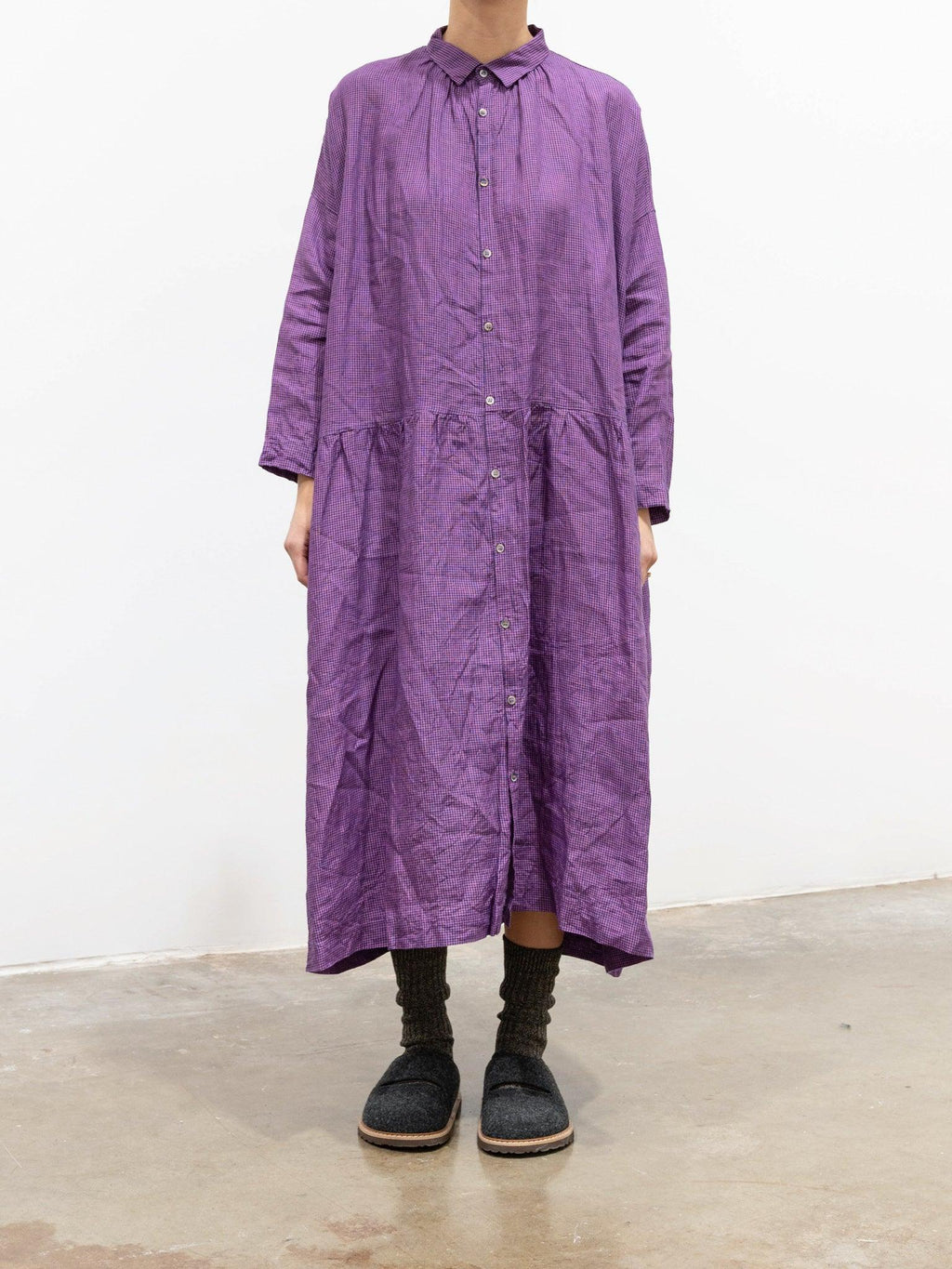 Namu Shop - Ichi Antiquites Linen Indigo Gingham Shirt Dress - Indigo x Pink