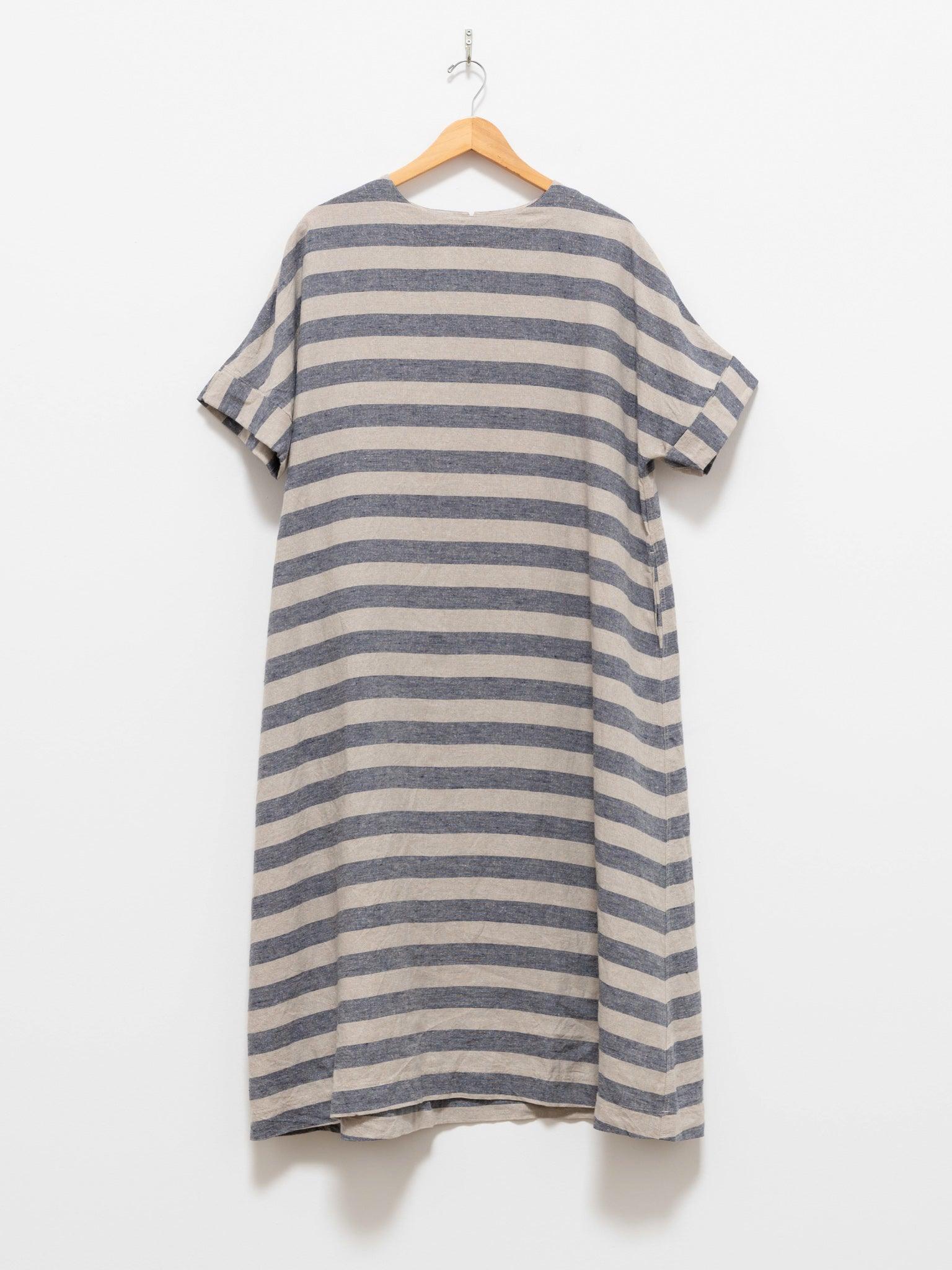 Namu Shop - Ichi Antiquites Linen Silk Border Dress - Natural x Navy