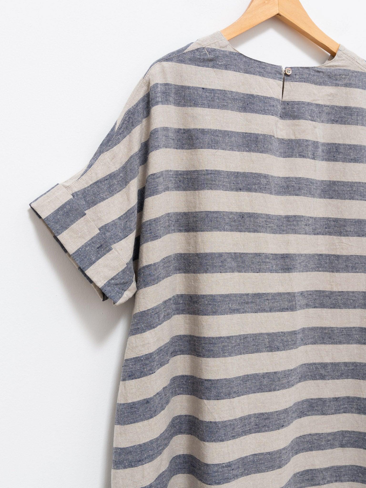Namu Shop - Ichi Antiquites Linen Silk Border Dress - Natural x Navy