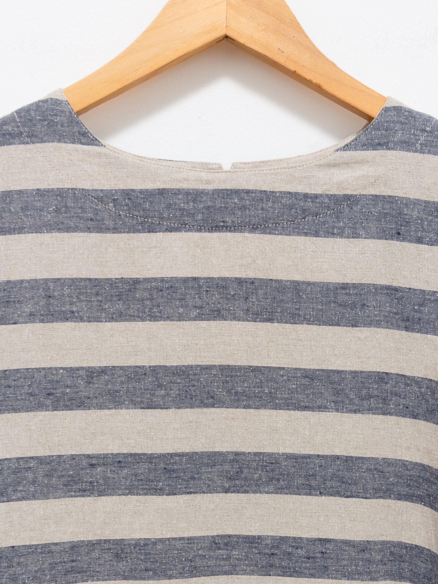 Namu Shop - Ichi Antiquites Linen Silk Border Dress - Natural x Navy