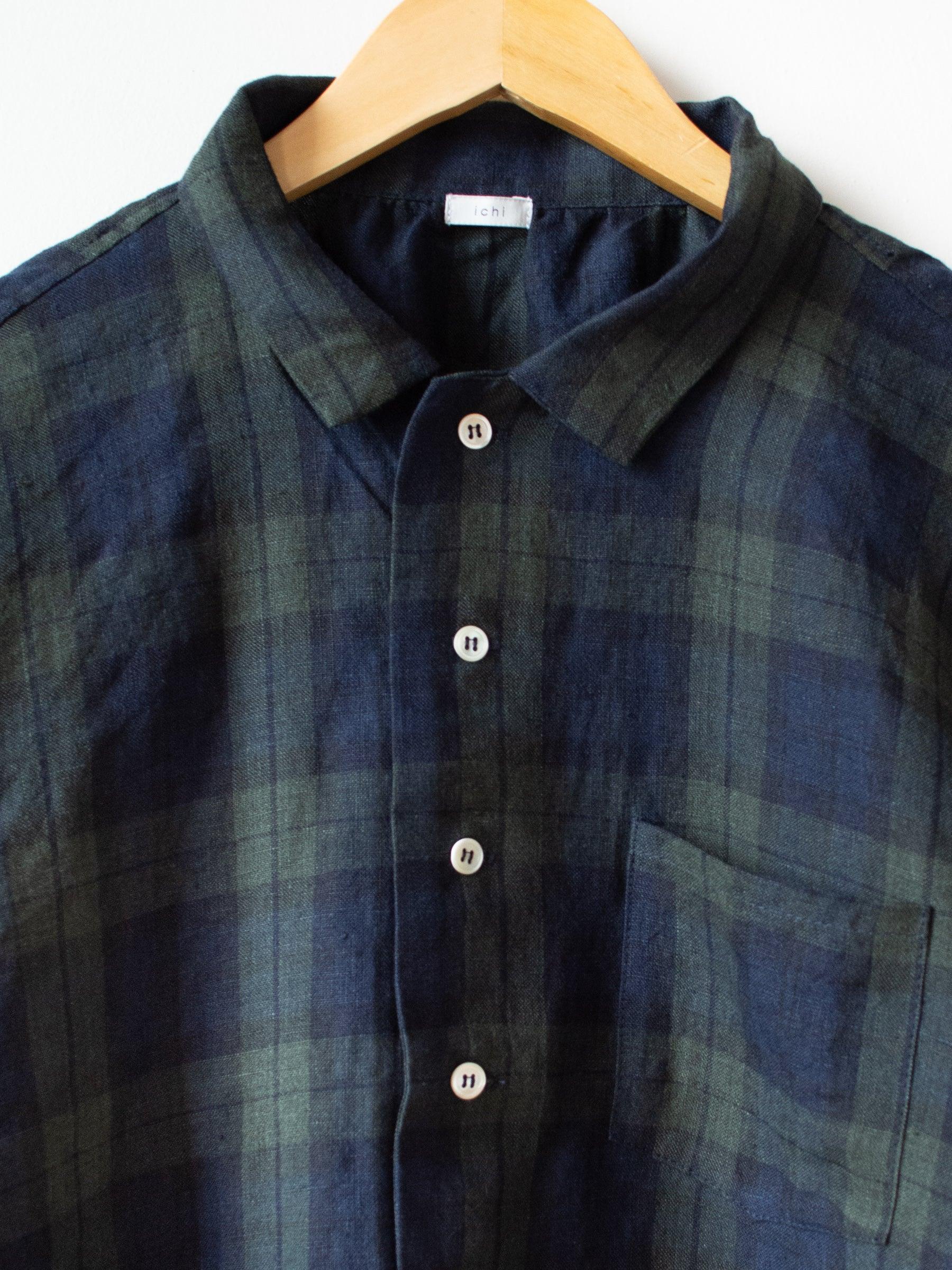 Namu Shop - Ichi Antiquites Linen Tartan BD Shirt - Olive x Navy