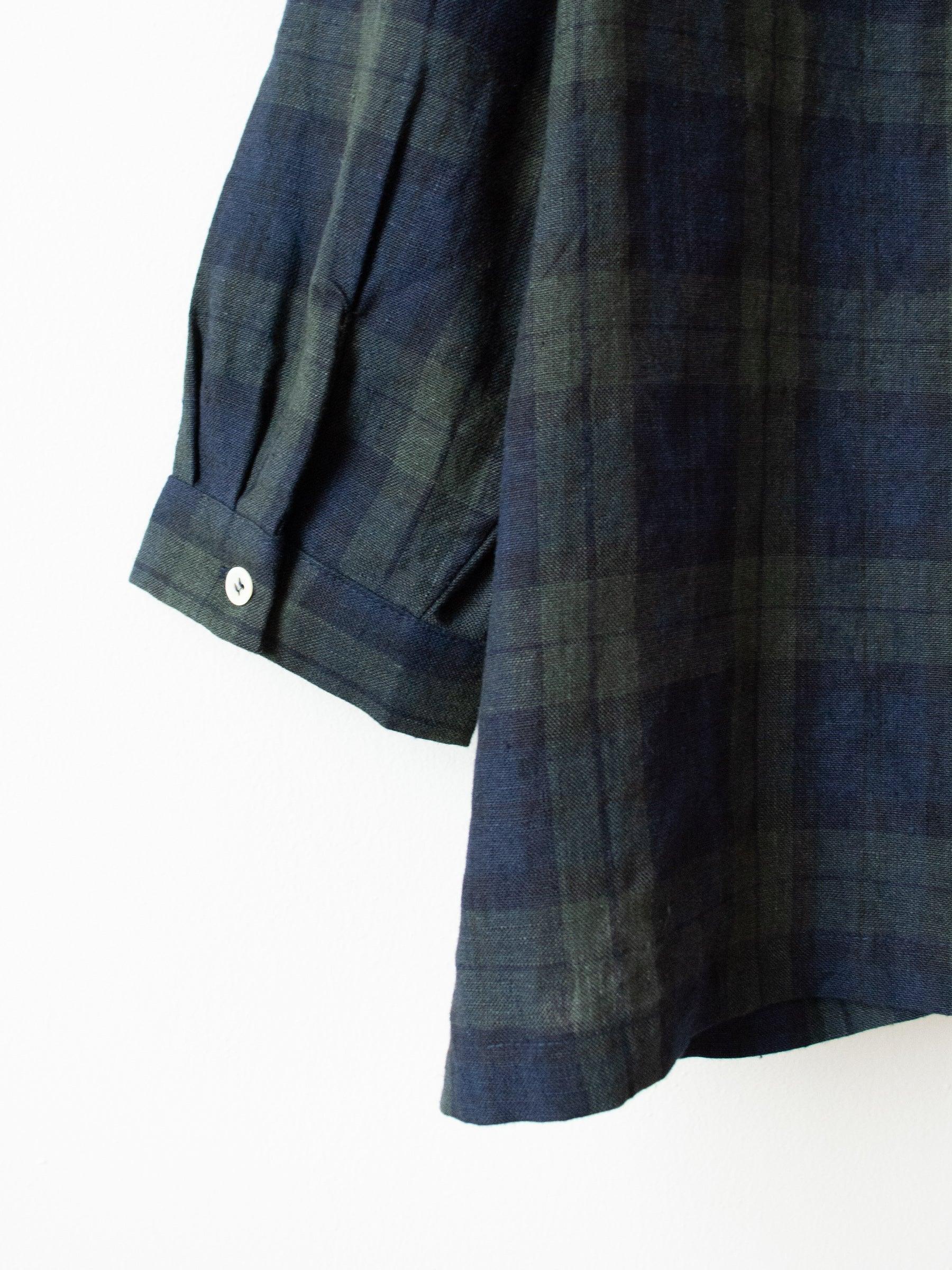 Namu Shop - Ichi Antiquites Linen Tartan BD Shirt - Olive x Navy