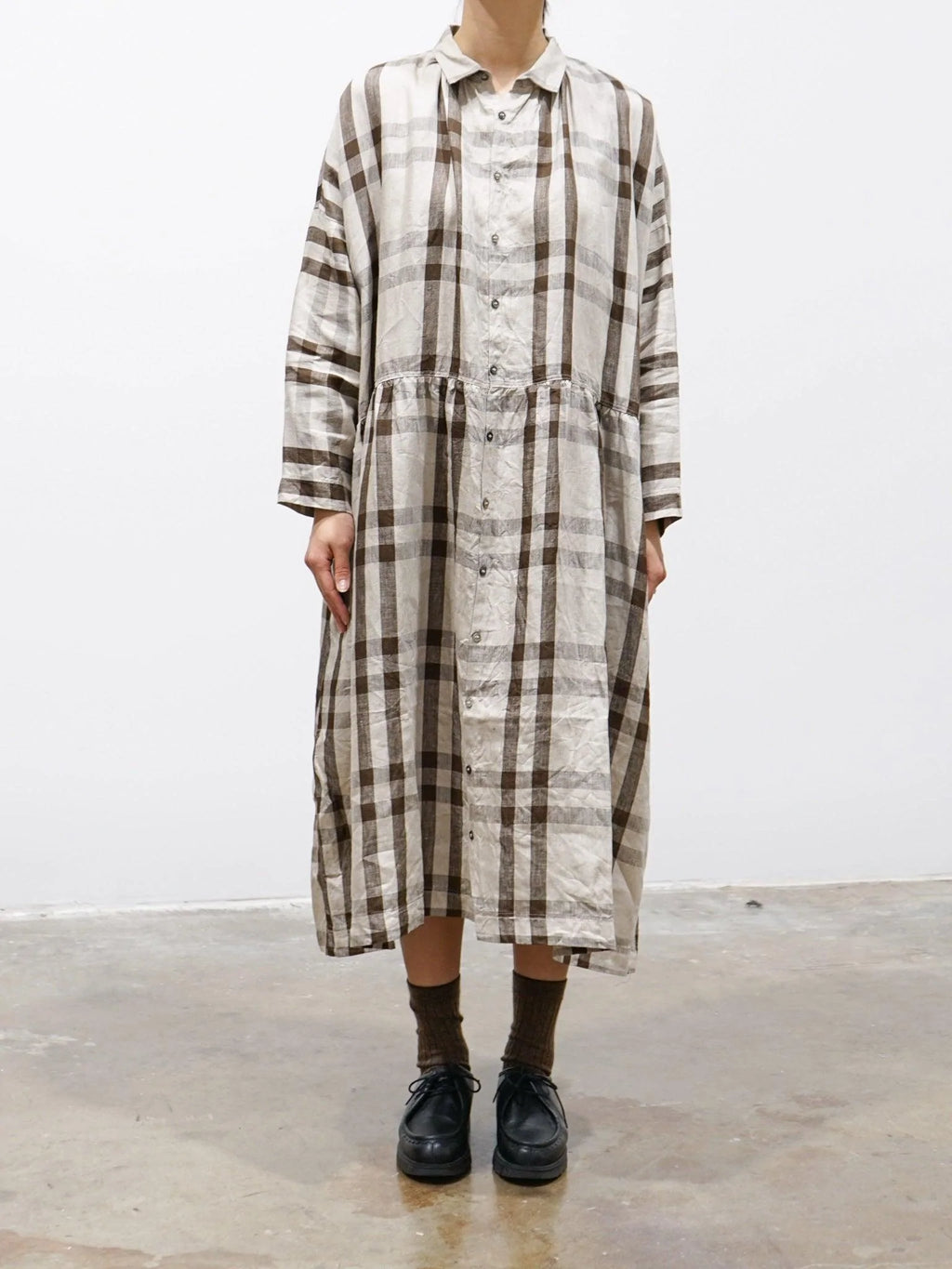Namu Shop - Ichi Antiquites Linen Twill Check Shirt Dress - Natural x Brown